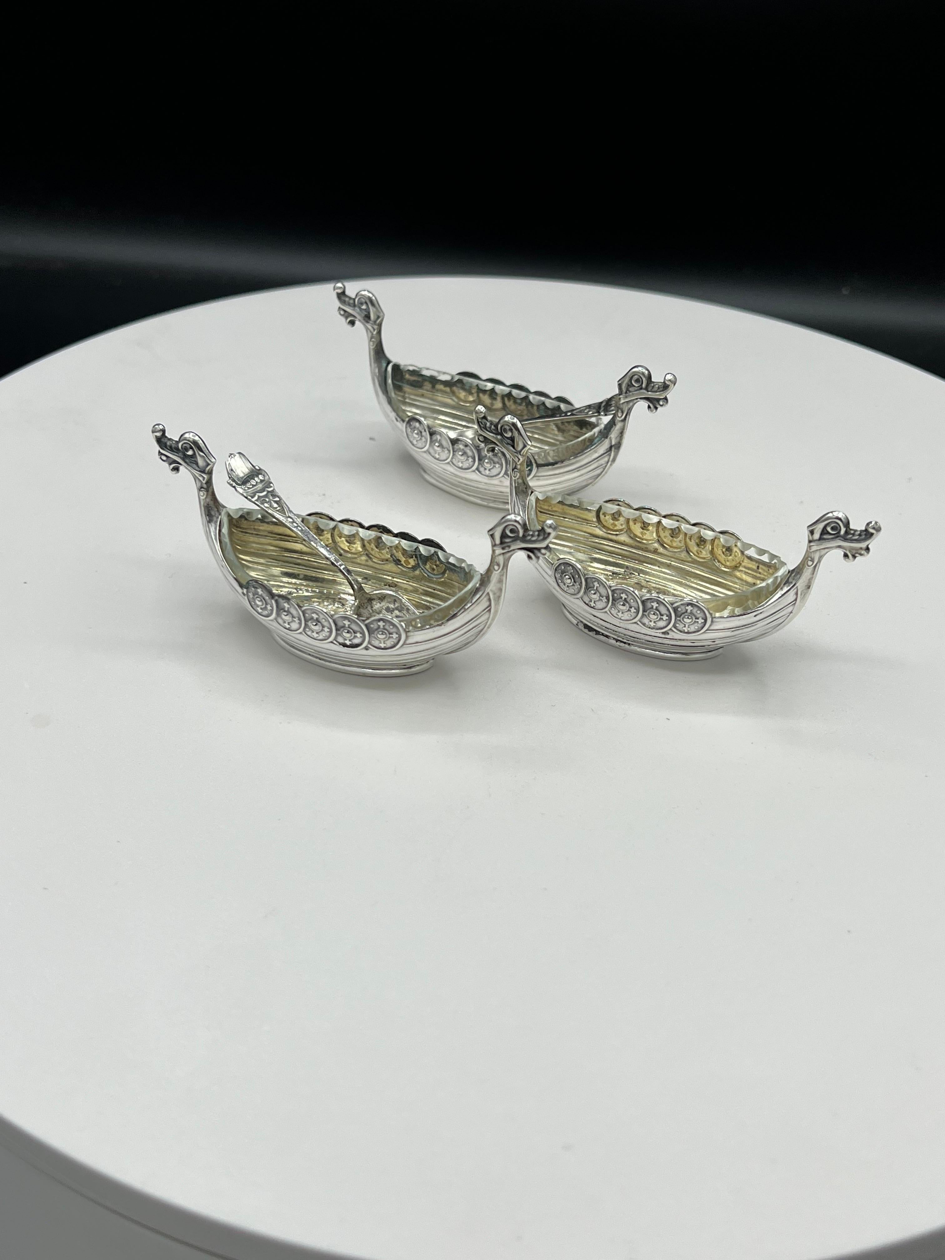 Set of 3 Viking Ship Silver Salts, 2 Spoon 3 Cut Glass Inserts 5