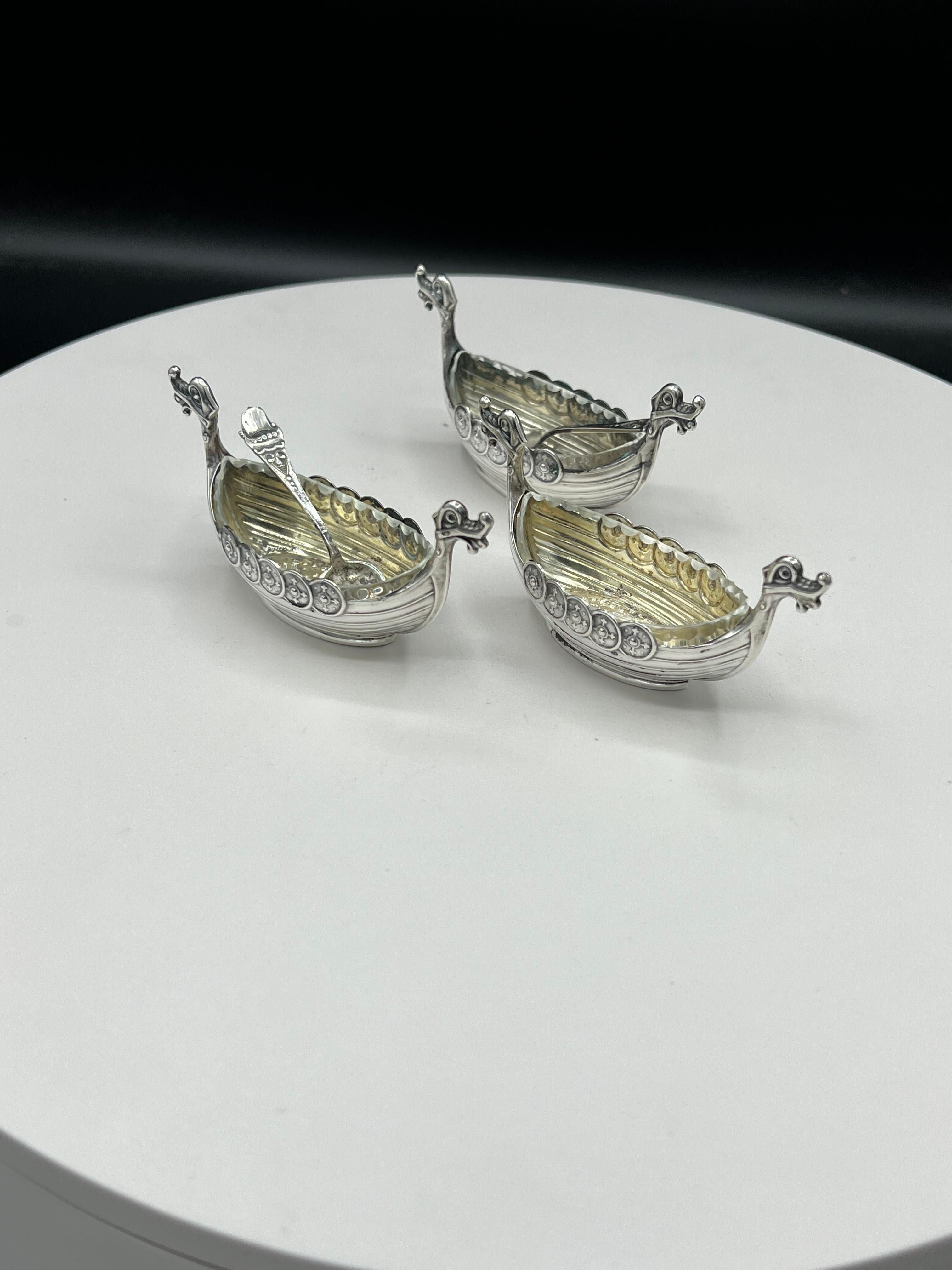Set of 3 Viking Ship Silver Salts, 2 Spoon 3 Cut Glass Inserts 6