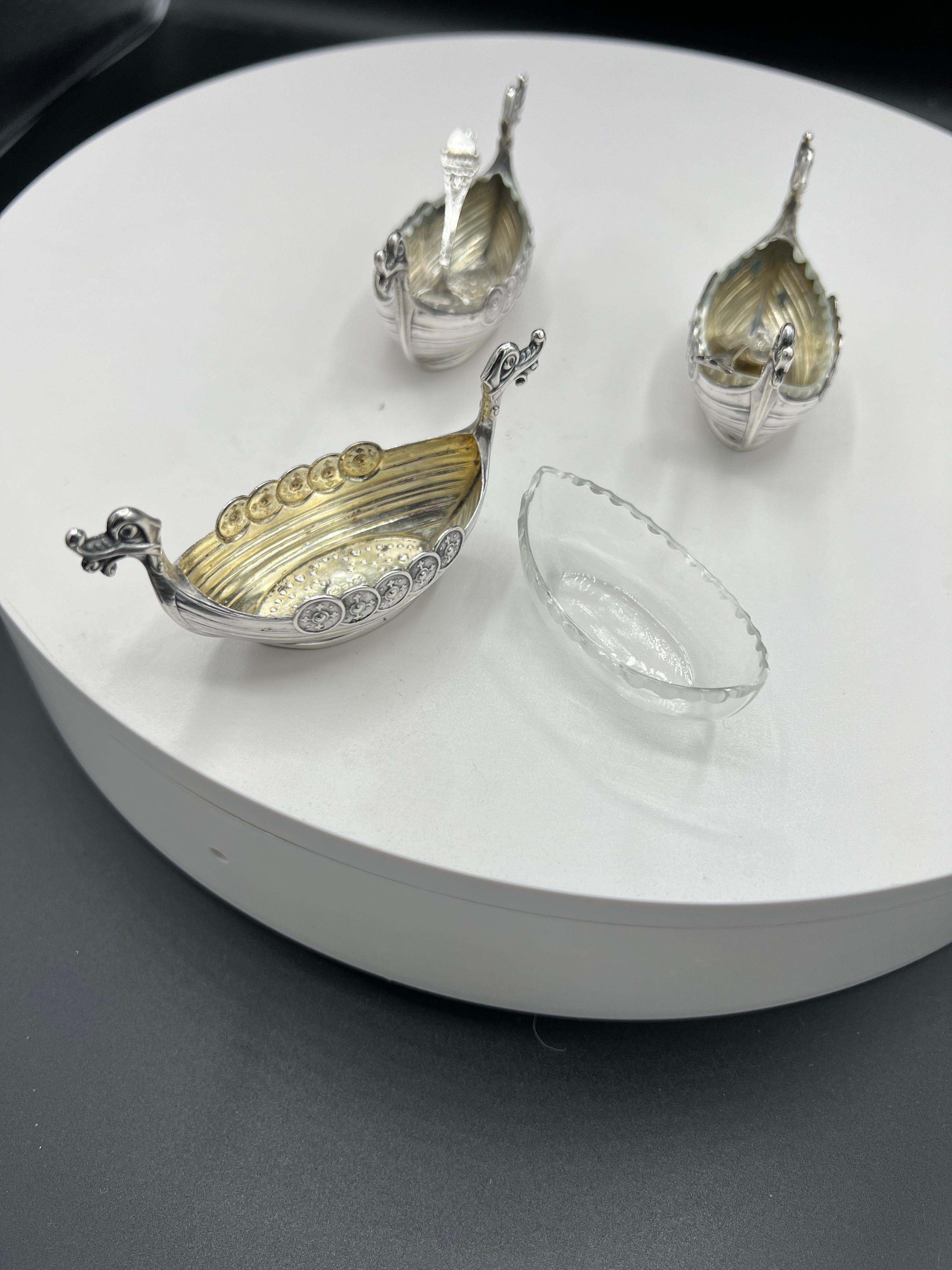 Set of 3 Viking Ship Silver Salts, 2 Spoon 3 Cut Glass Inserts 7