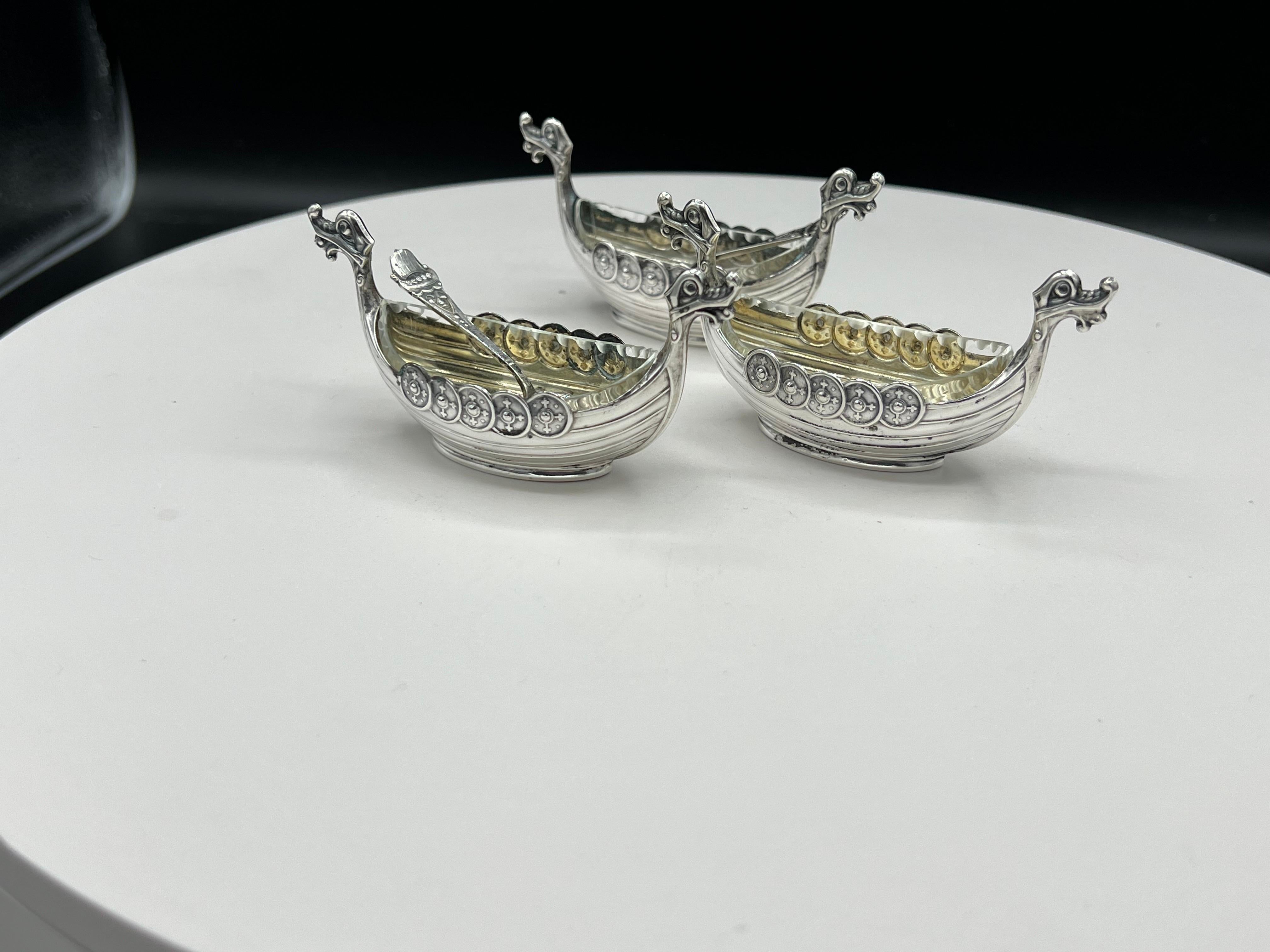 Set of 3 Viking Ship Silver Salts, 2 Spoon 3 Cut Glass Inserts 10