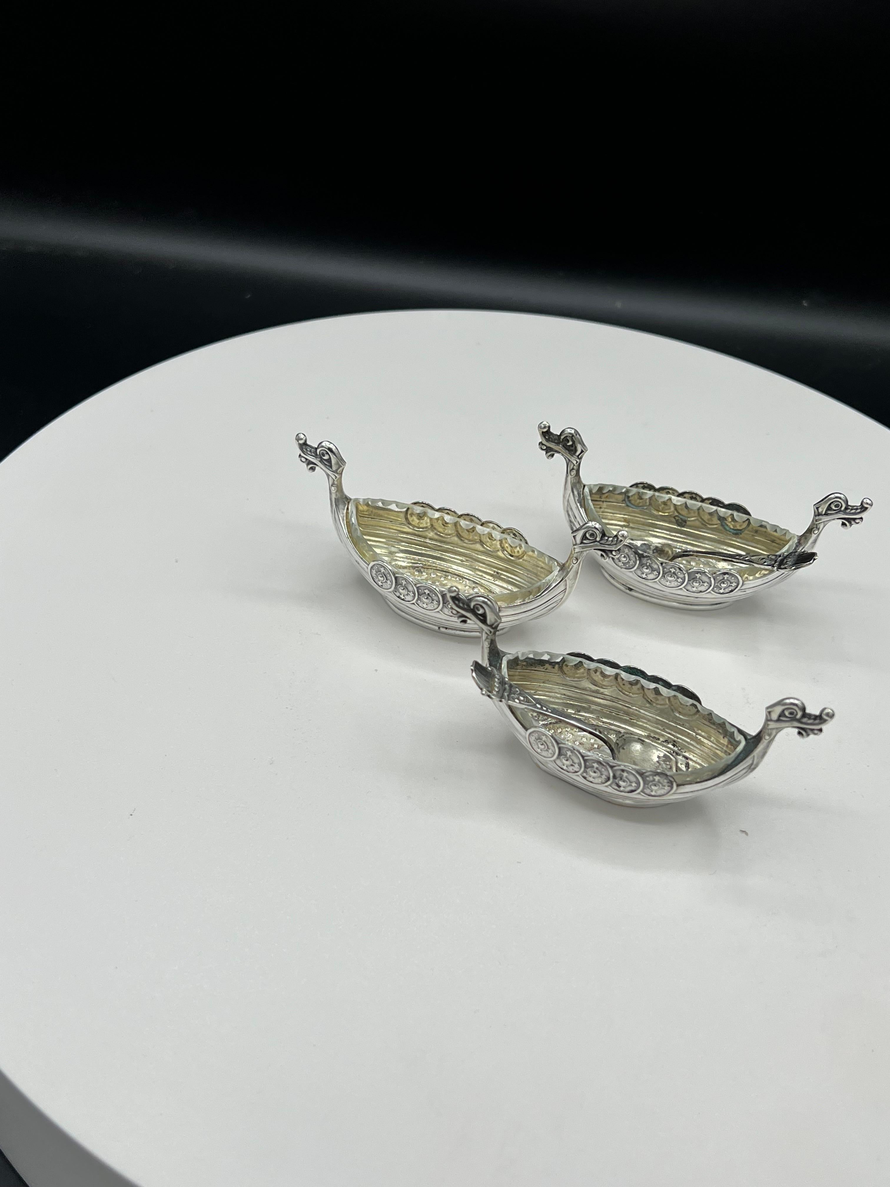 Norwegian Set of 3 Viking Ship Silver Salts, 2 Spoon 3 Cut Glass Inserts