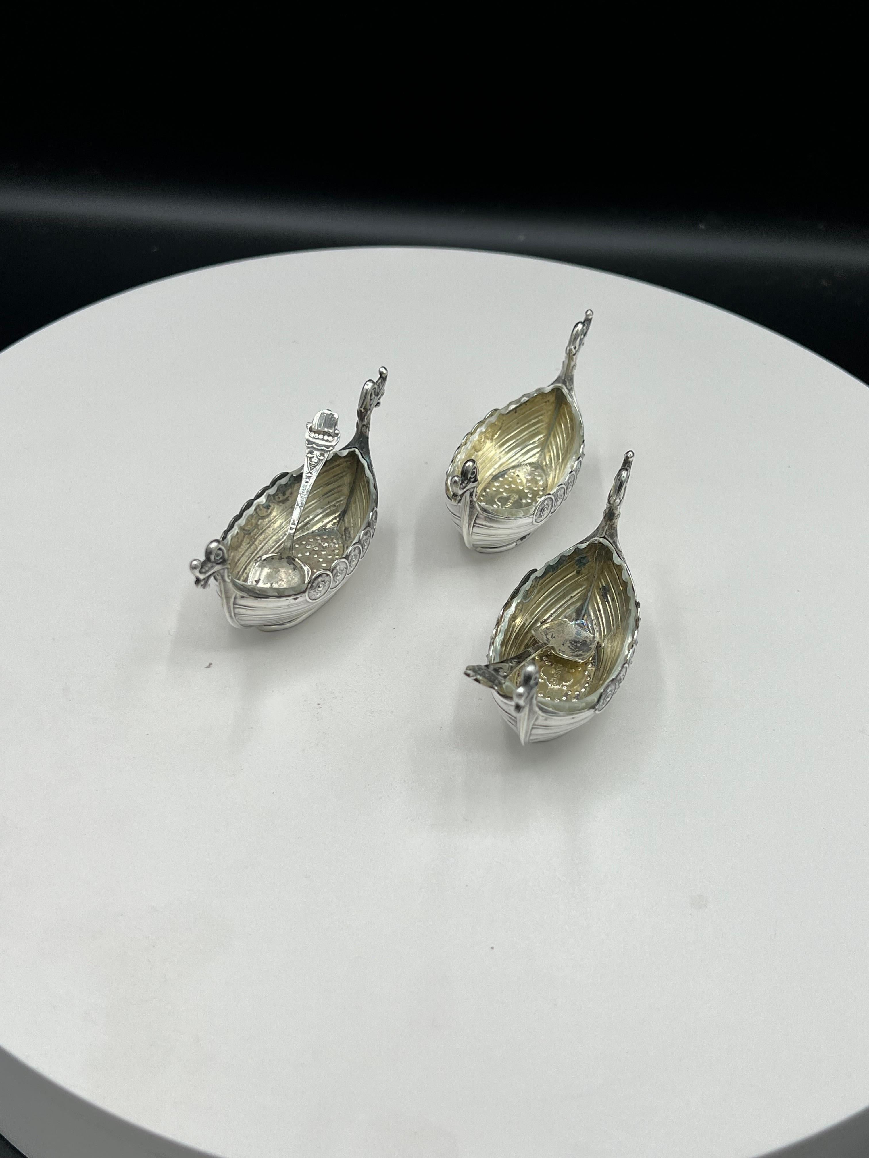 Set of 3 Viking Ship Silver Salts, 2 Spoon 3 Cut Glass Inserts 1