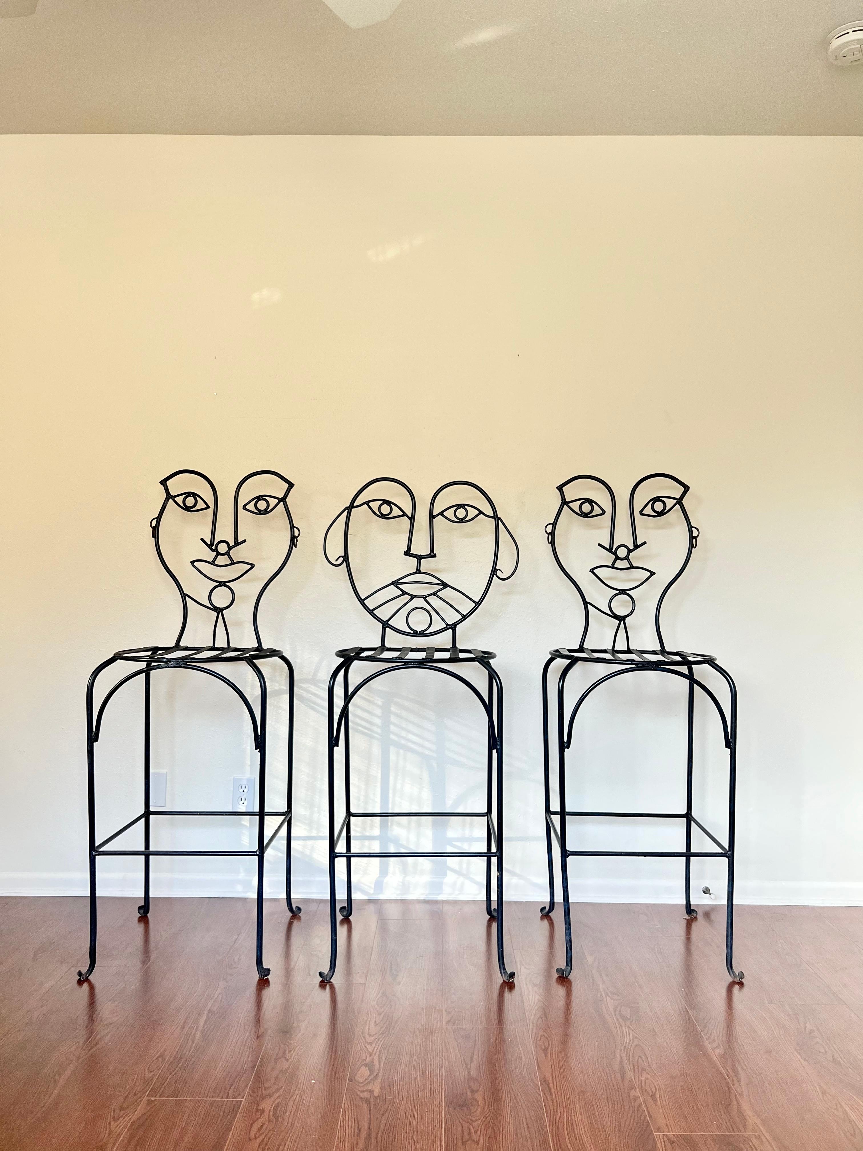Set of 3 Vintage Whimsical Wrought Iron Face Barstools John Risley Style In Good Condition In Houston, TX