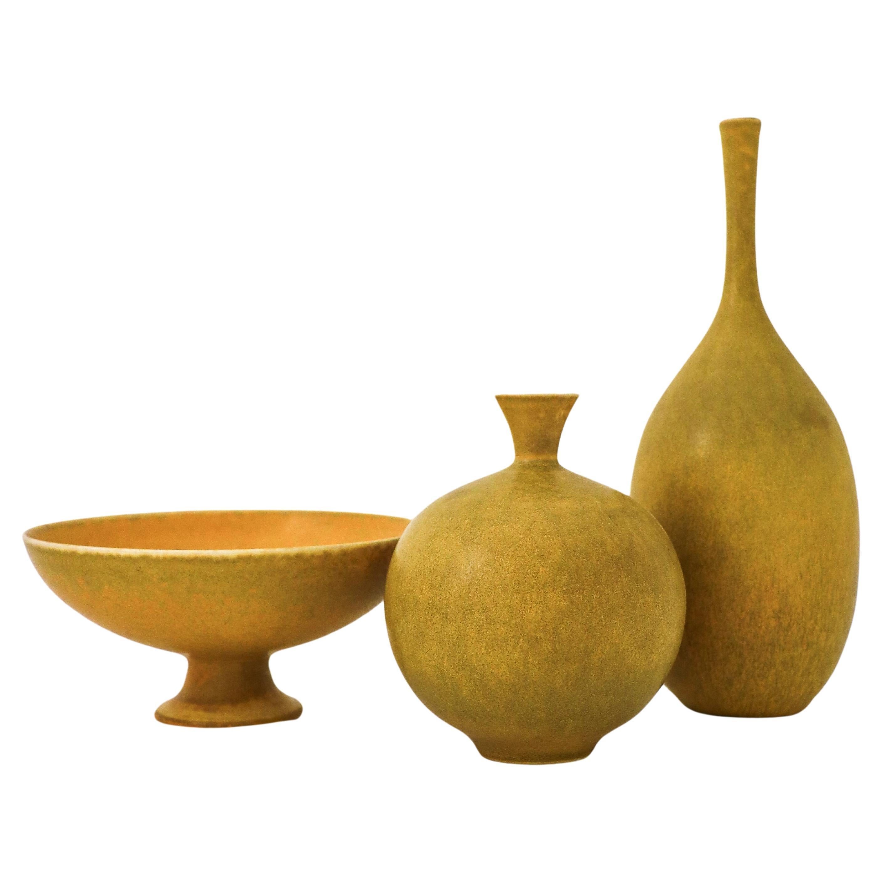 A set of 3 Yellow Ceramic vases & bowl - Sven Wejsfelt Gustavsberg 1990