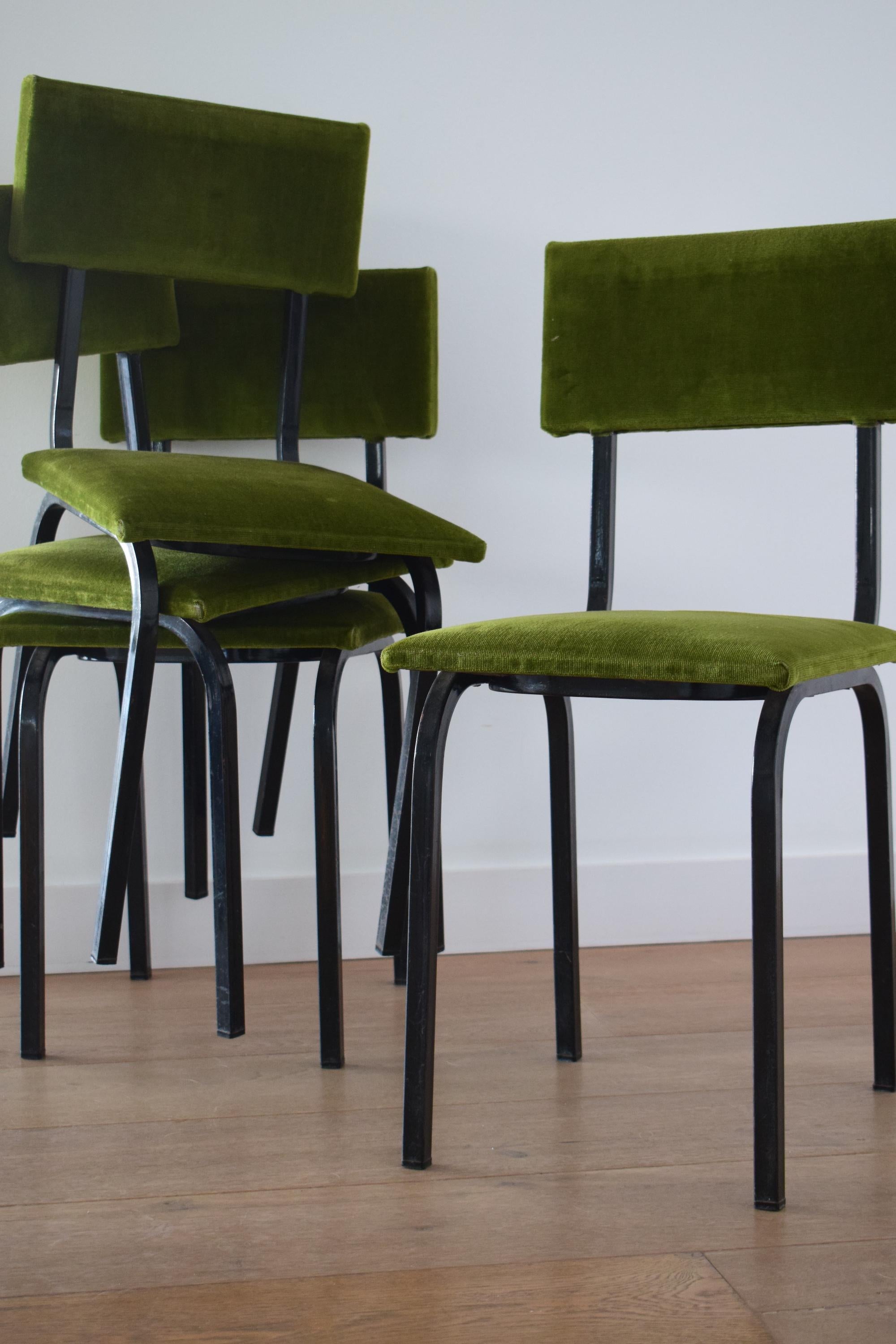 Mid-Century Modern Set of 4 1960s Dining Chairs in Green Velvet with Black Metal Frames