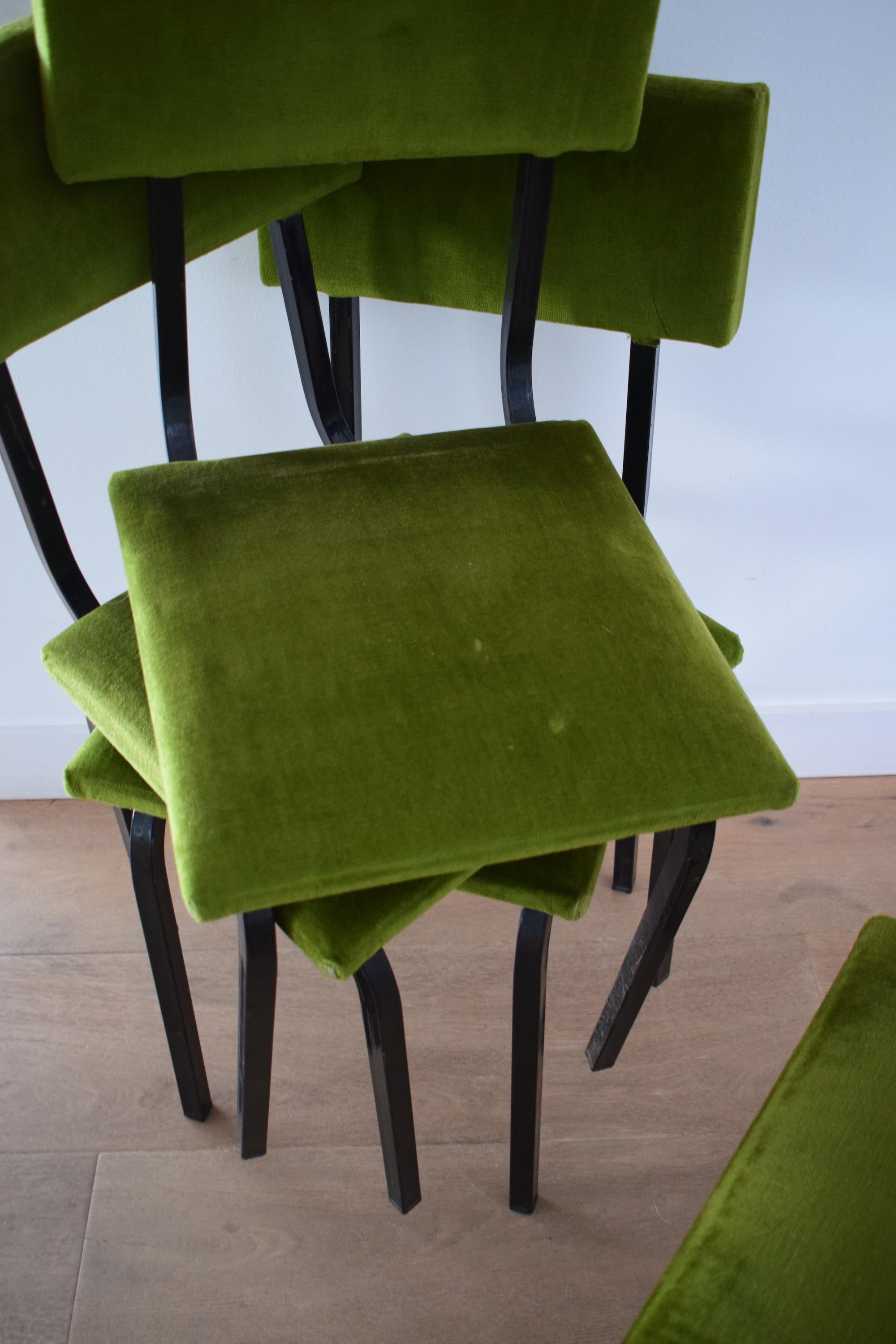 Spanish Set of 4 1960s Dining Chairs in Green Velvet with Black Metal Frames