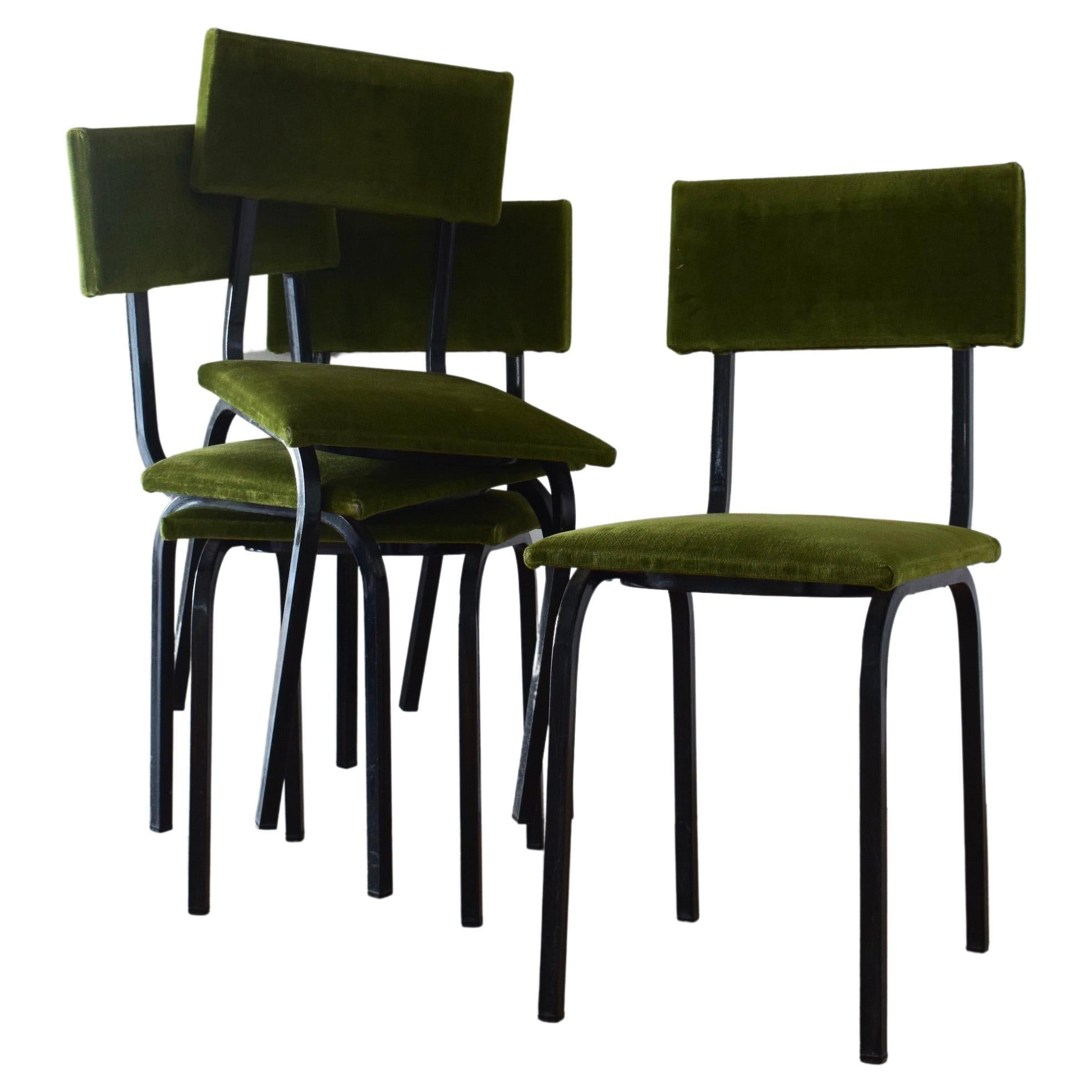 Set of 4 1960s Dining Chairs in Green Velvet with Black Metal Frames