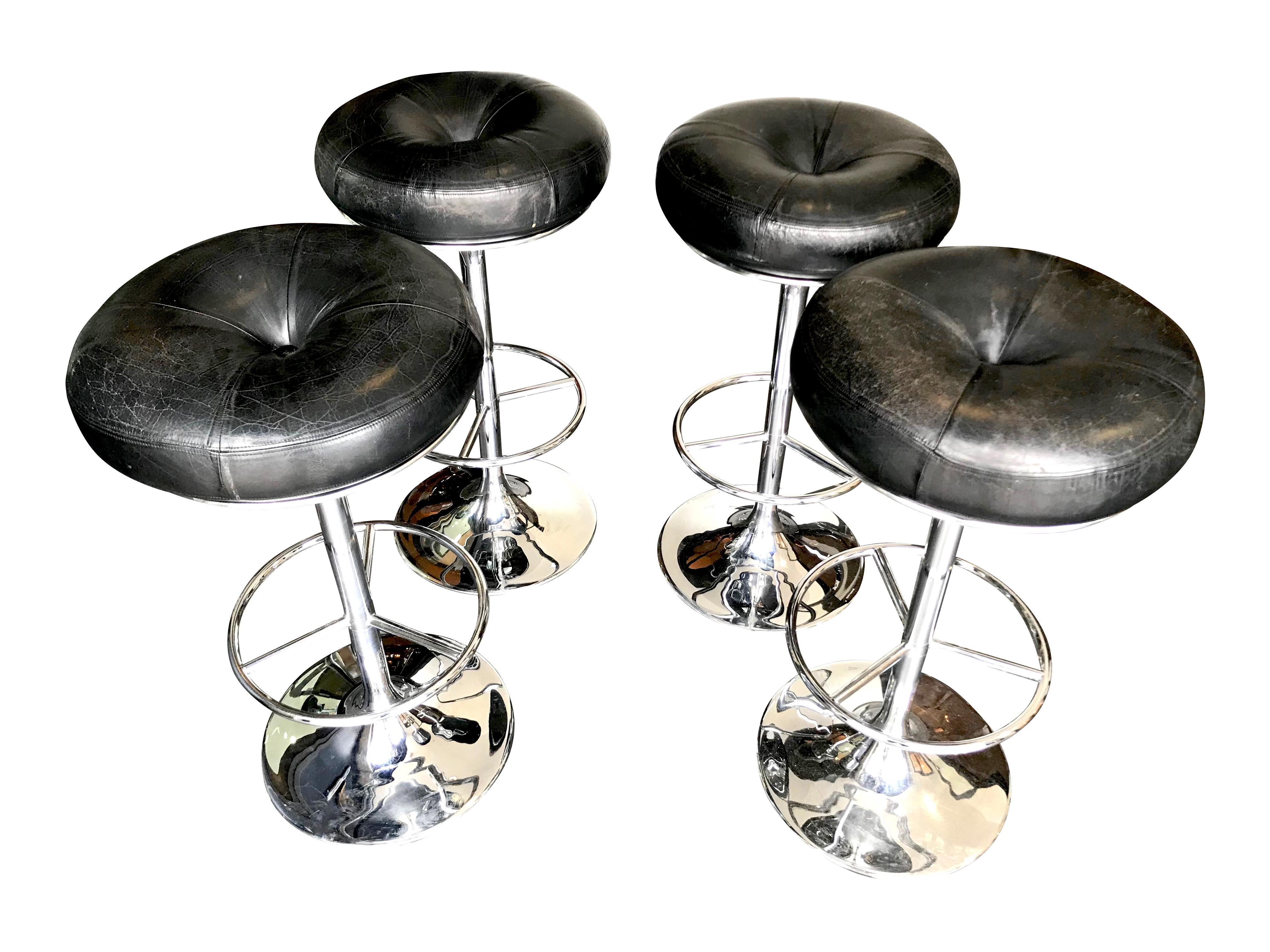 Swedish Set of 4 1970s Chrome and Black Leather Bar Stools by Johanson Design, Sweden