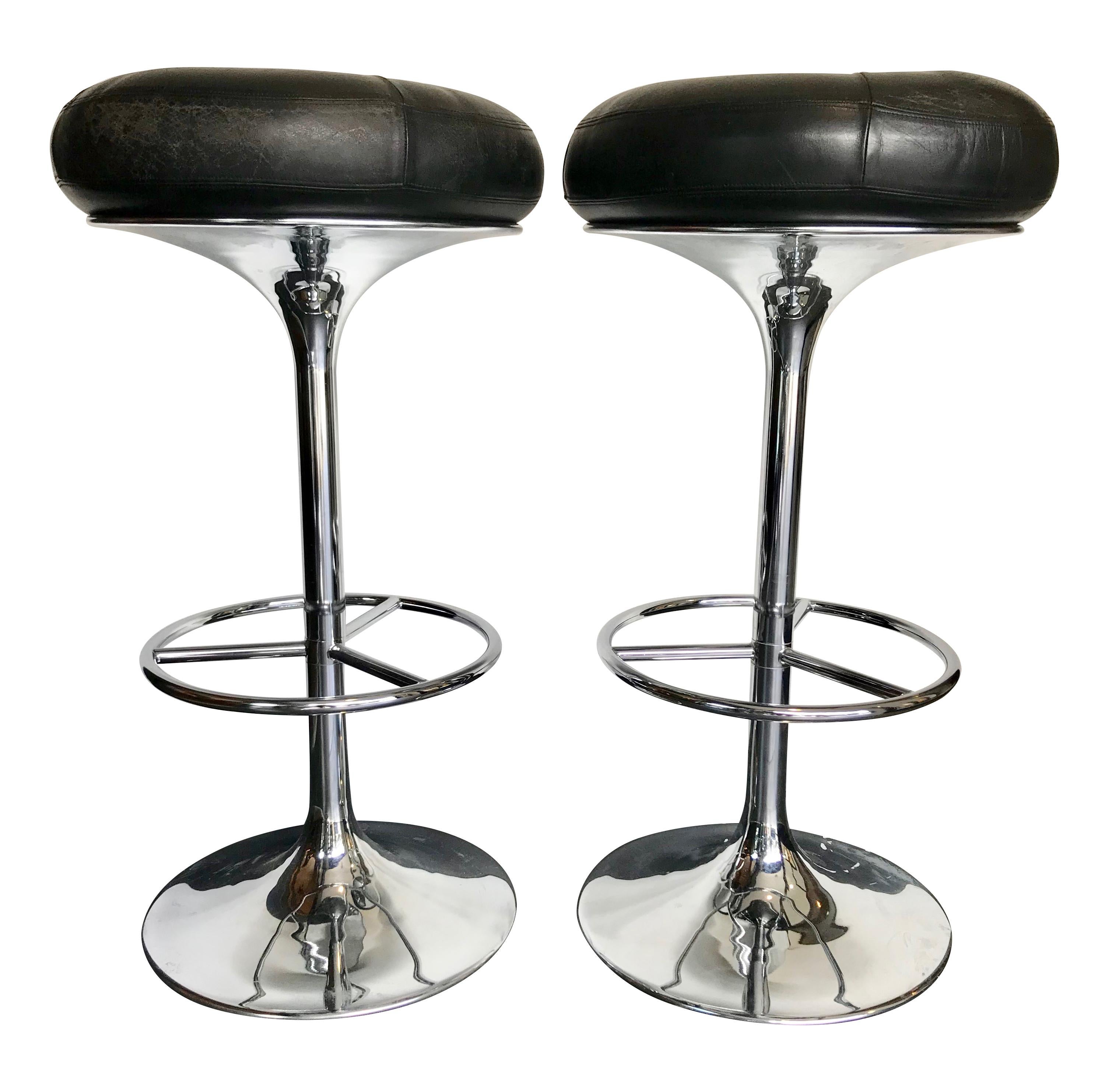 Late 20th Century Set of 4 1970s Chrome and Black Leather Bar Stools by Johanson Design, Sweden