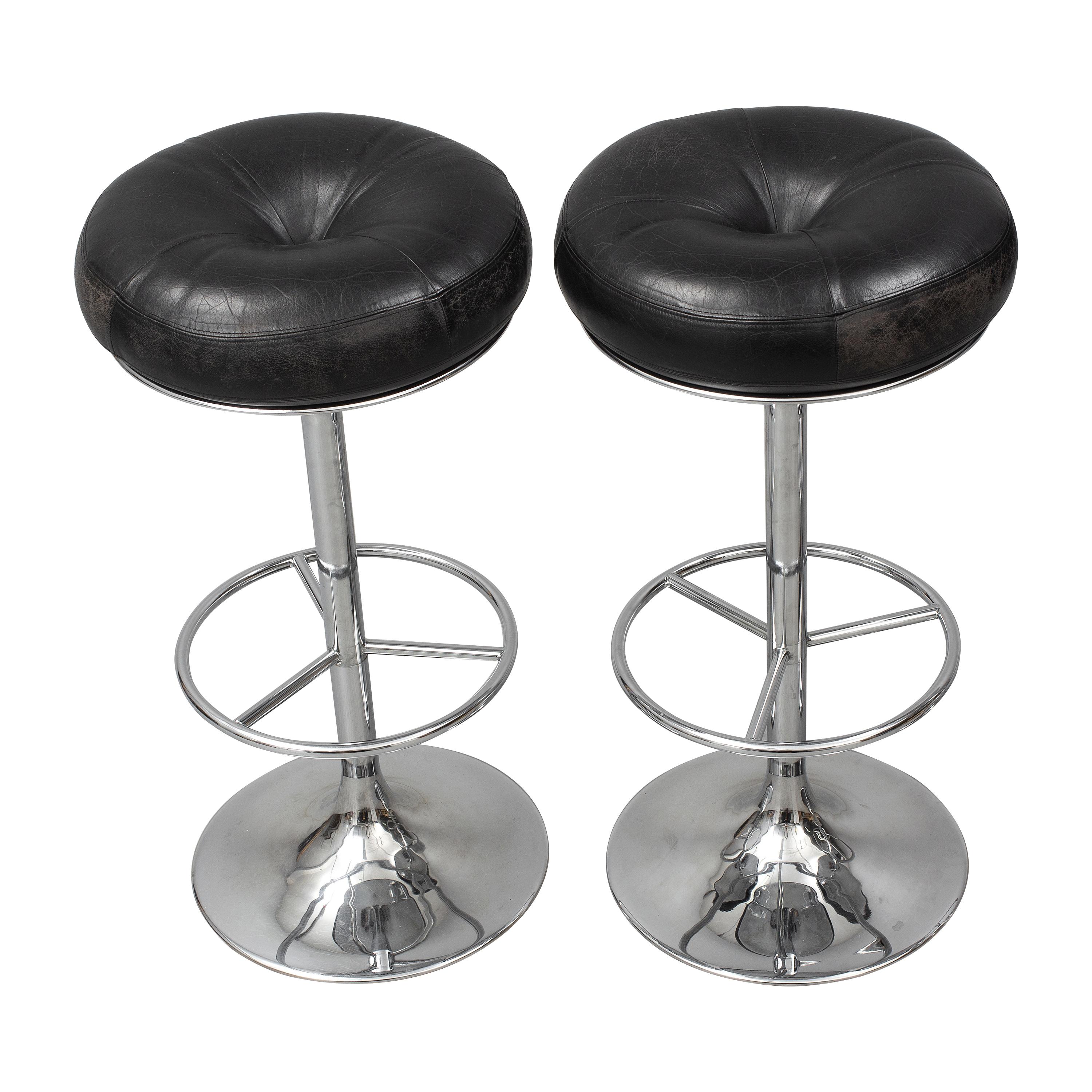 Set of 4 1970s Chrome and Black Leather Bar Stools by Johanson Design, Sweden 1