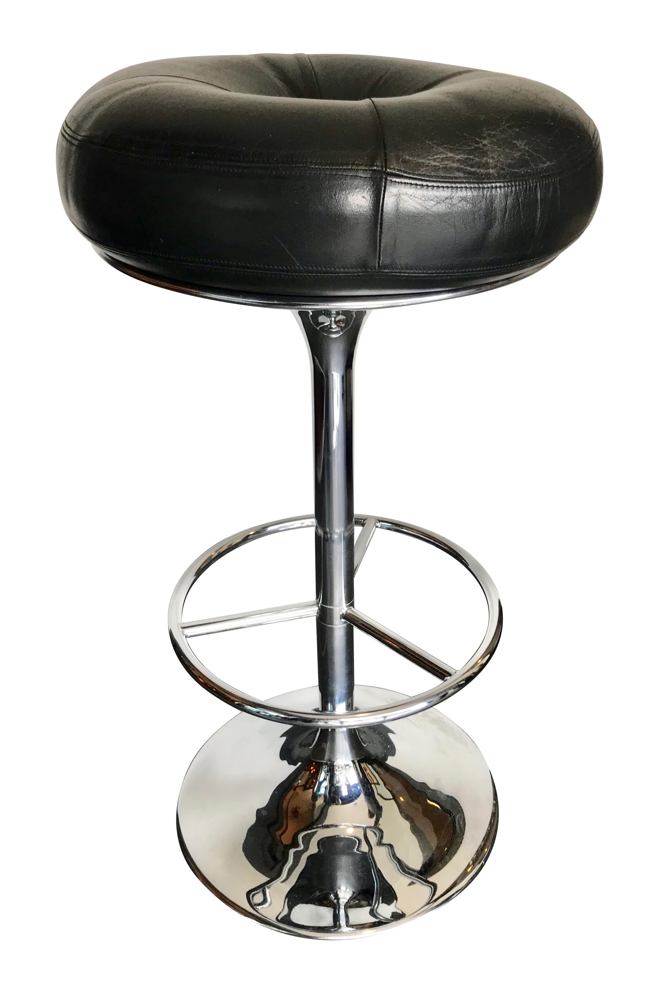 Set of 4 1970s Chrome and Black Leather Bar Stools by Johanson Design, Sweden 2