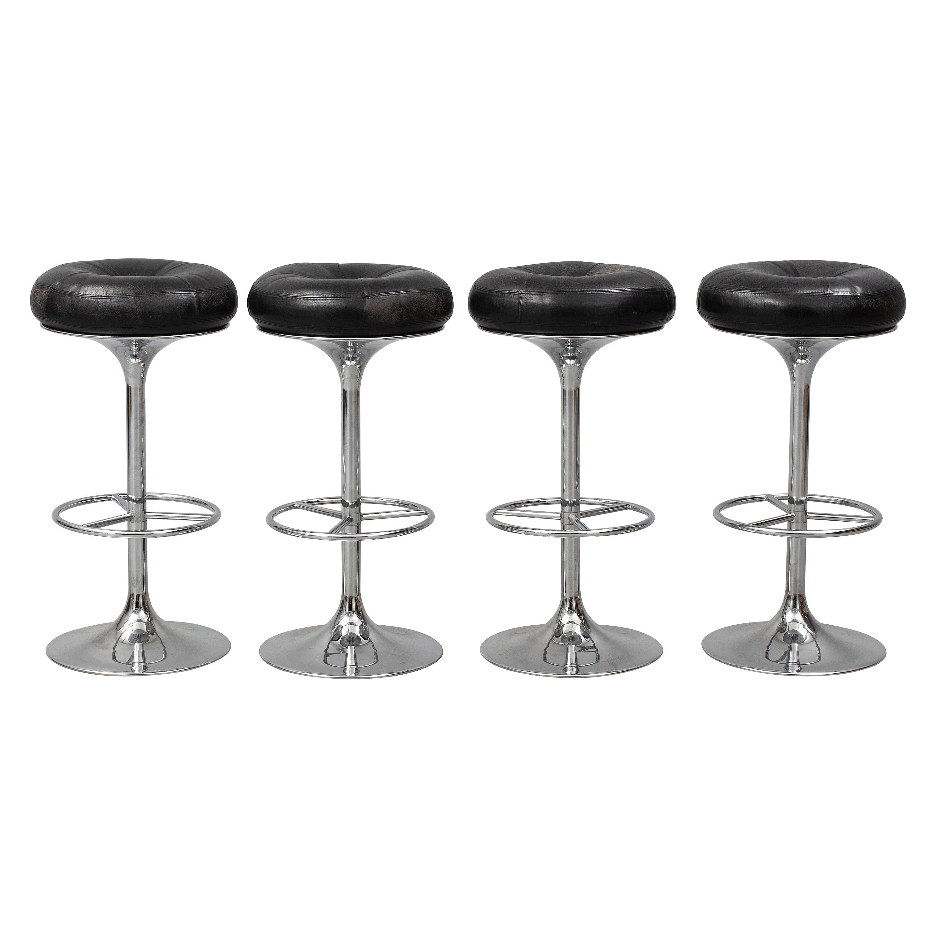 Set of 4 1970s Chrome and Black Leather Bar Stools by Johanson Design, Sweden