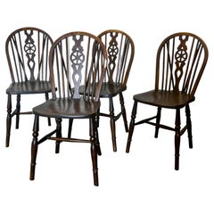Antique Set of 4 Beech & Elm Wheel Back Windsor Kitchen Dining Chairs