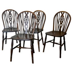 Antique A Set of 4 Beech & Elm Wheel Back Windsor Kitchen Dining Chairs    