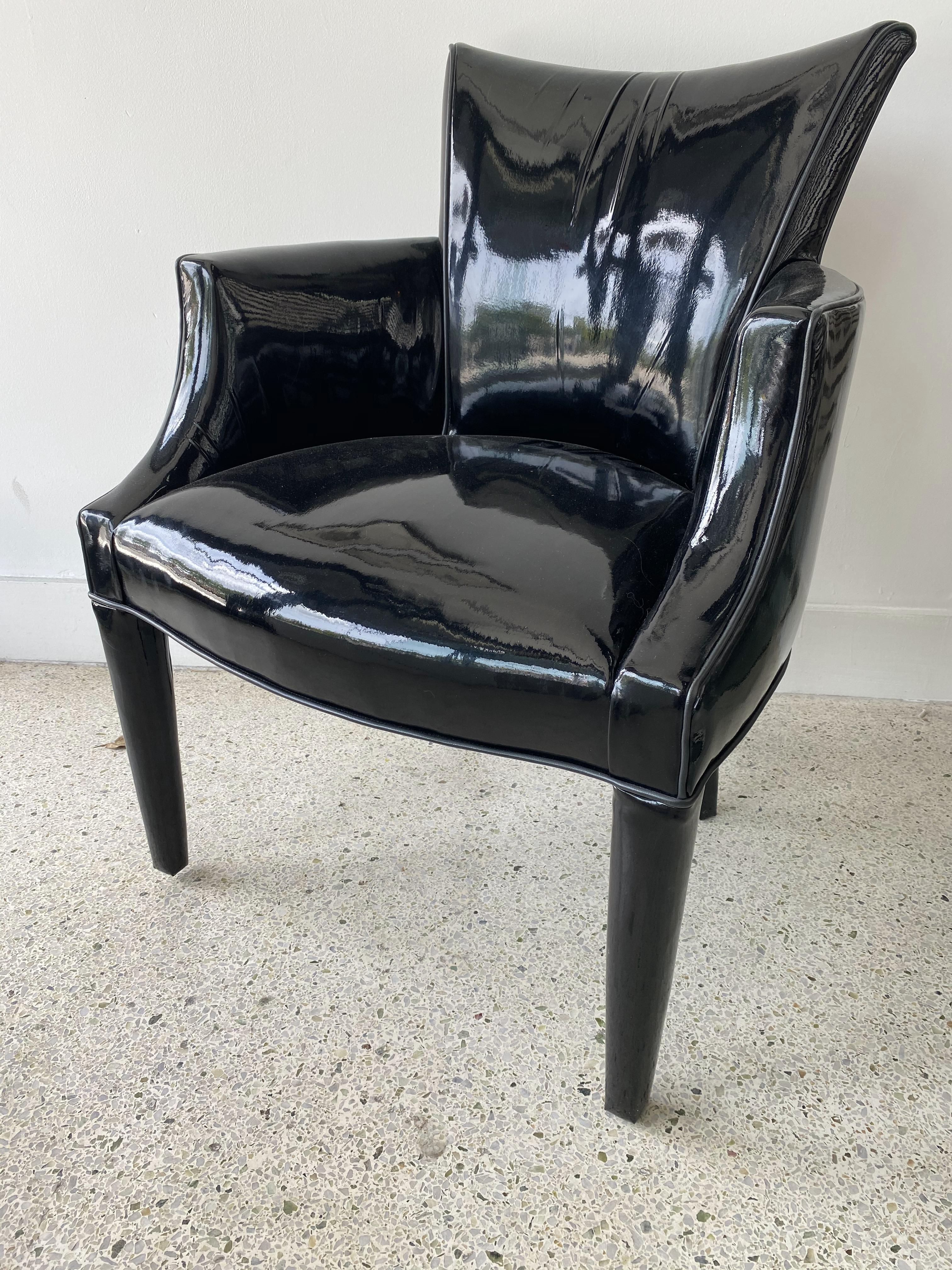 Mid-Century Modern Set of 4 Black Patent Leather Closed Armchairs, Donghia