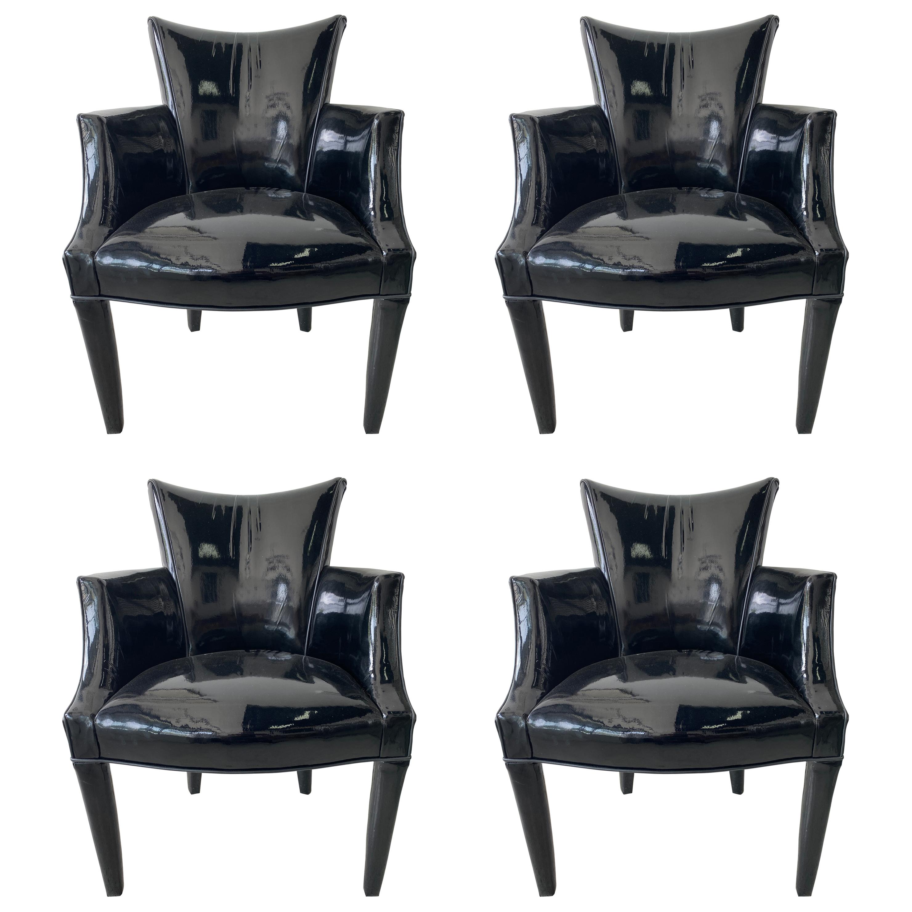 Set of 4 Black Patent Leather Closed Armchairs, Donghia