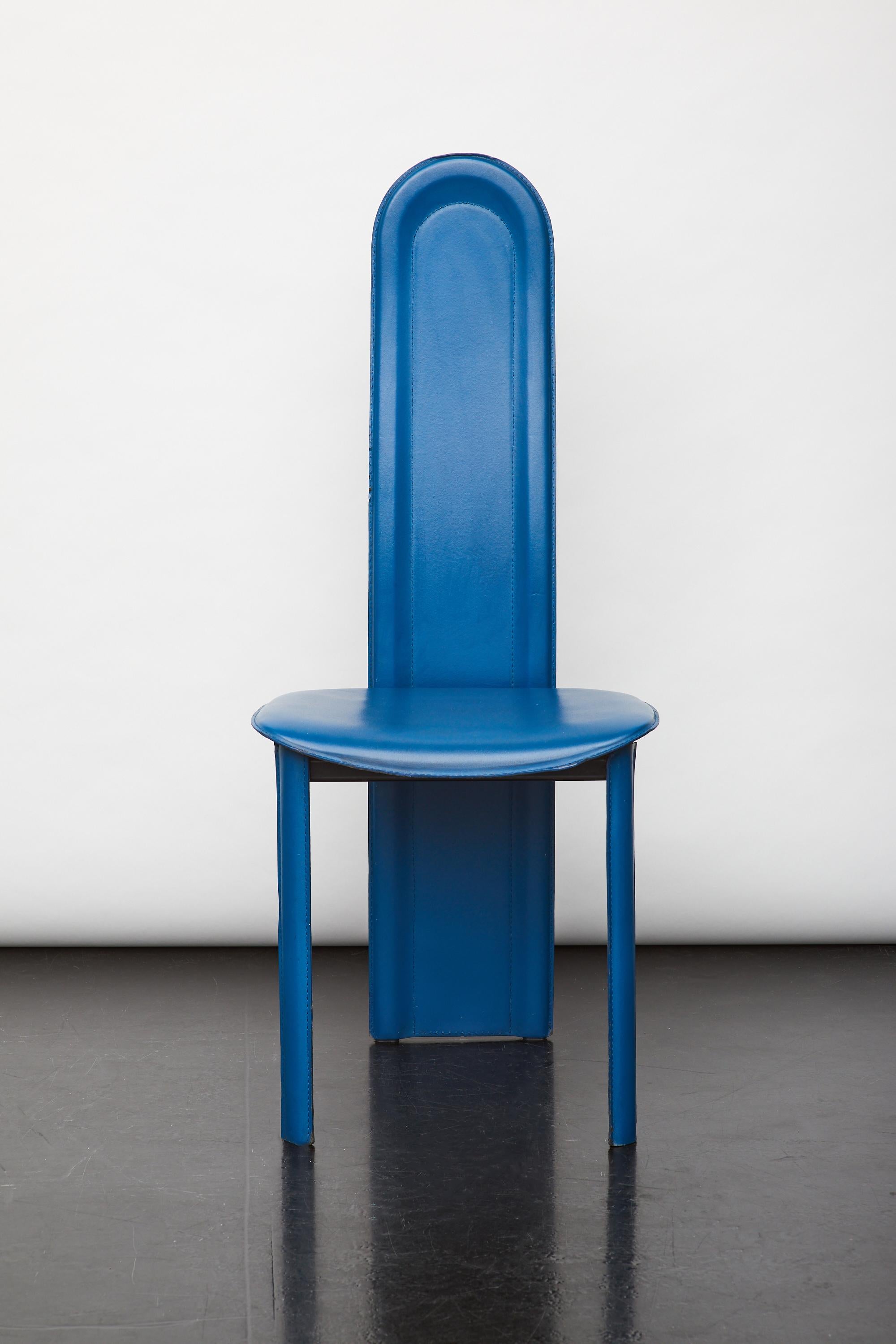 Post-Modern Set of 4 Blue Leather High Back Dining Chairs, 1980s