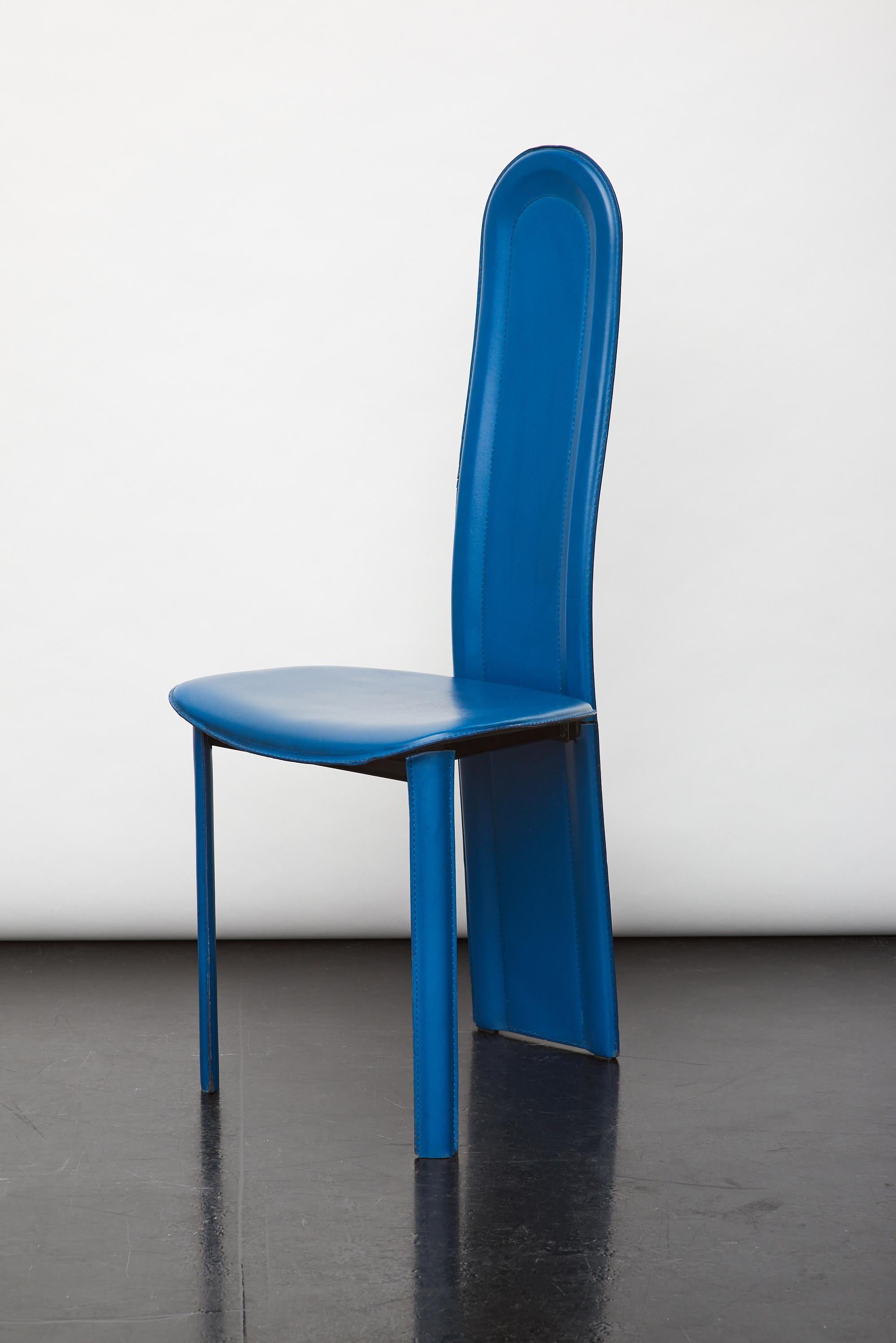Italian Set of 4 Blue Leather High Back Dining Chairs, 1980s