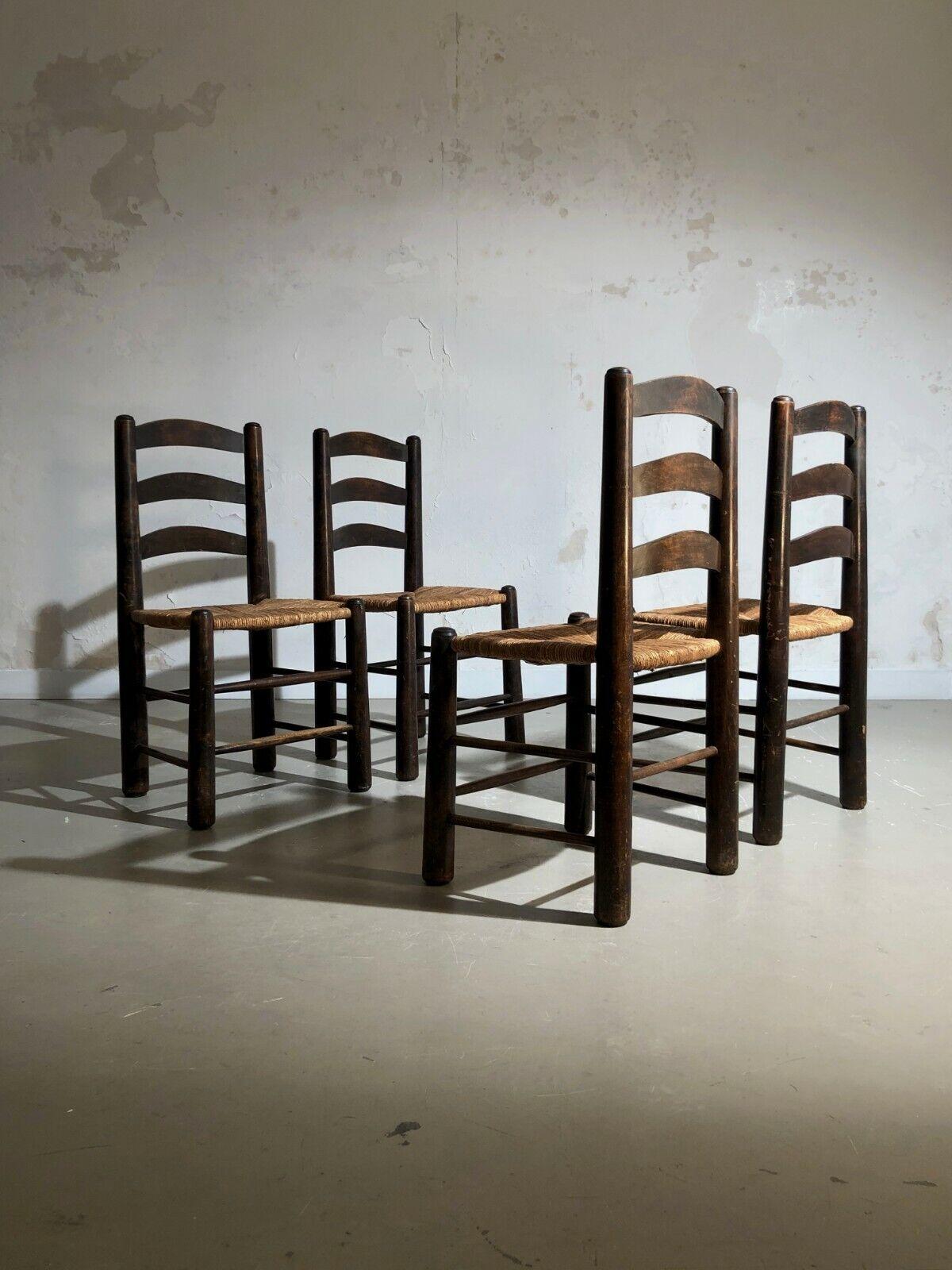 Brutalist A Set of 4 BRUTALIST RUSTIC MODERN CHAIRS by GEORGES ROBERT, France 1960 For Sale