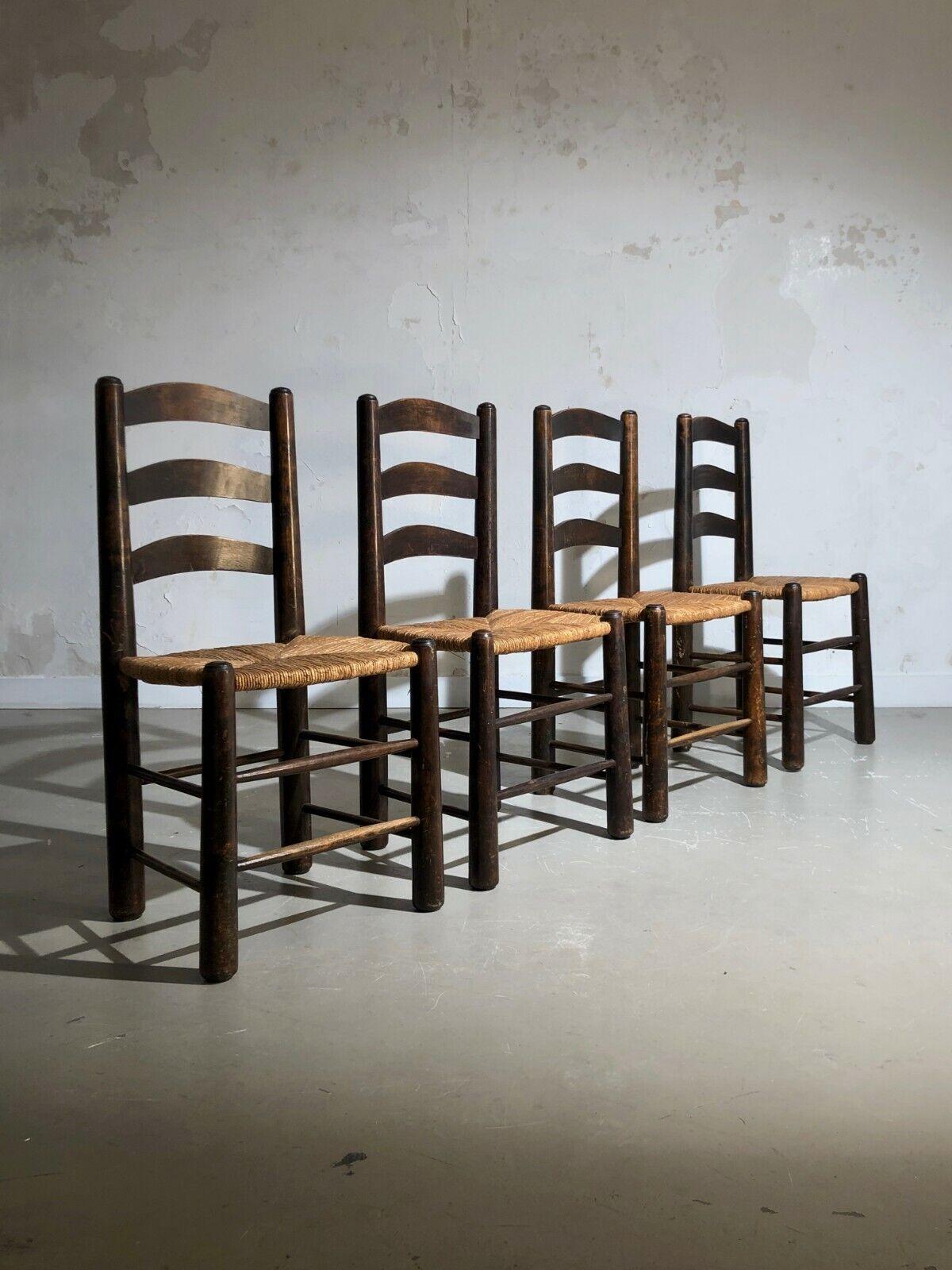 A Set of 4 BRUTALIST RUSTIC MODERN CHAIRS by GEORGES ROBERT, France 1960 In Good Condition For Sale In PARIS, FR