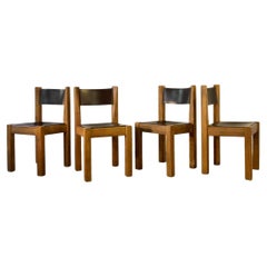Set of 4 Chairs in Massive Elm and Leather, by Michel Milleret, France, 1960