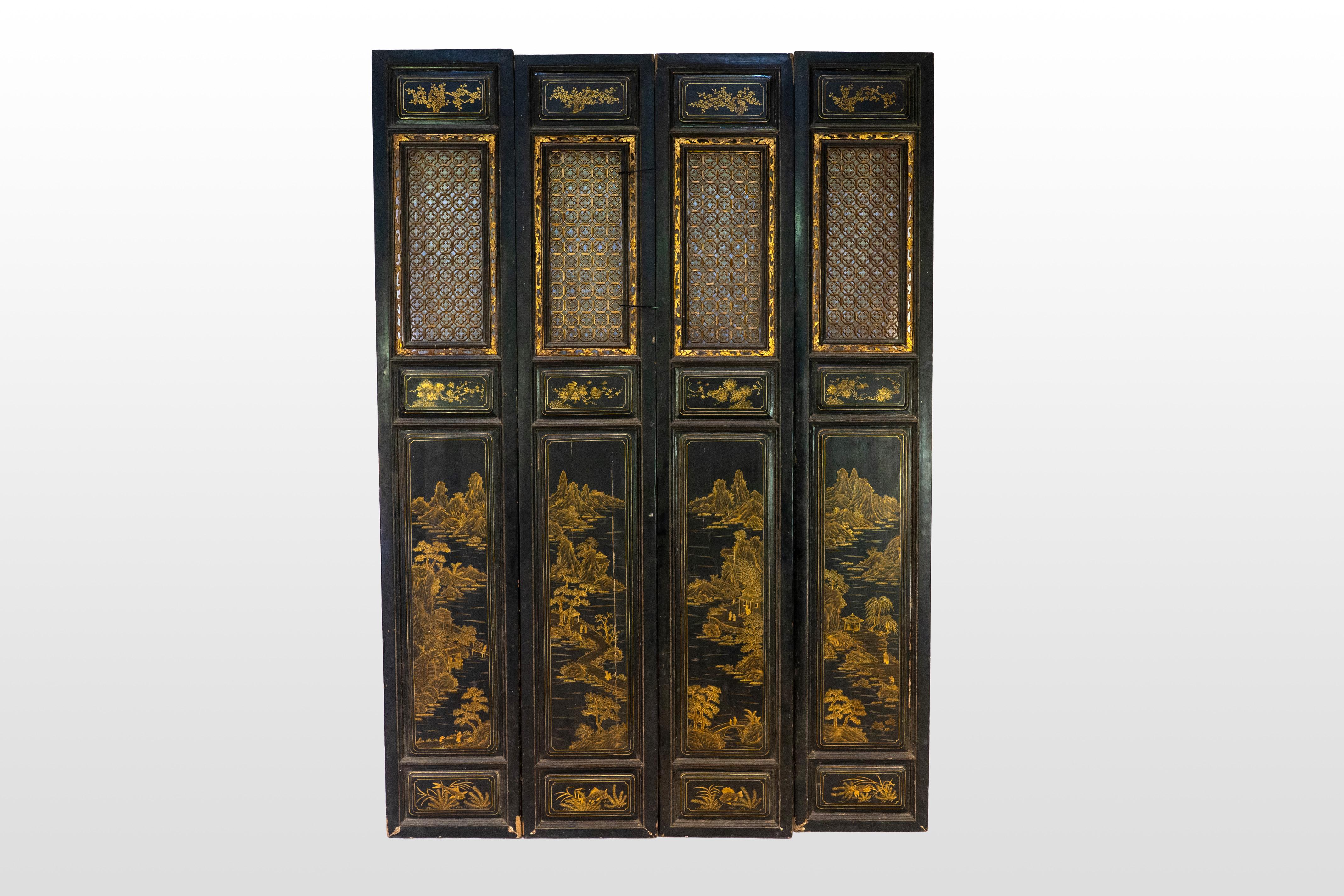 Qing A Set of 4 Chinese Screens with Gold Painting on Elm