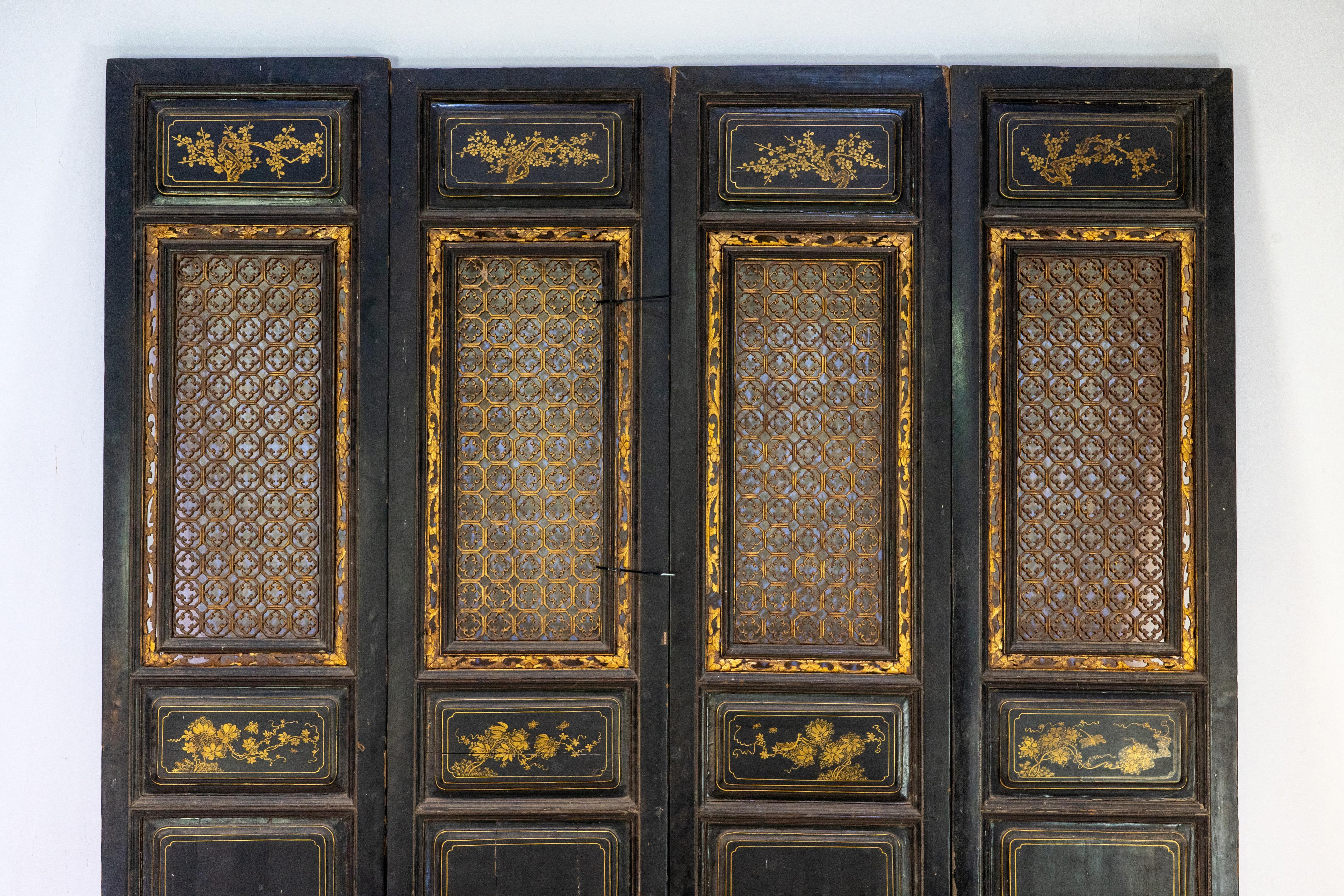 A Set of 4 Chinese Screens with Gold Painting on Elm In Good Condition In Chicago, IL