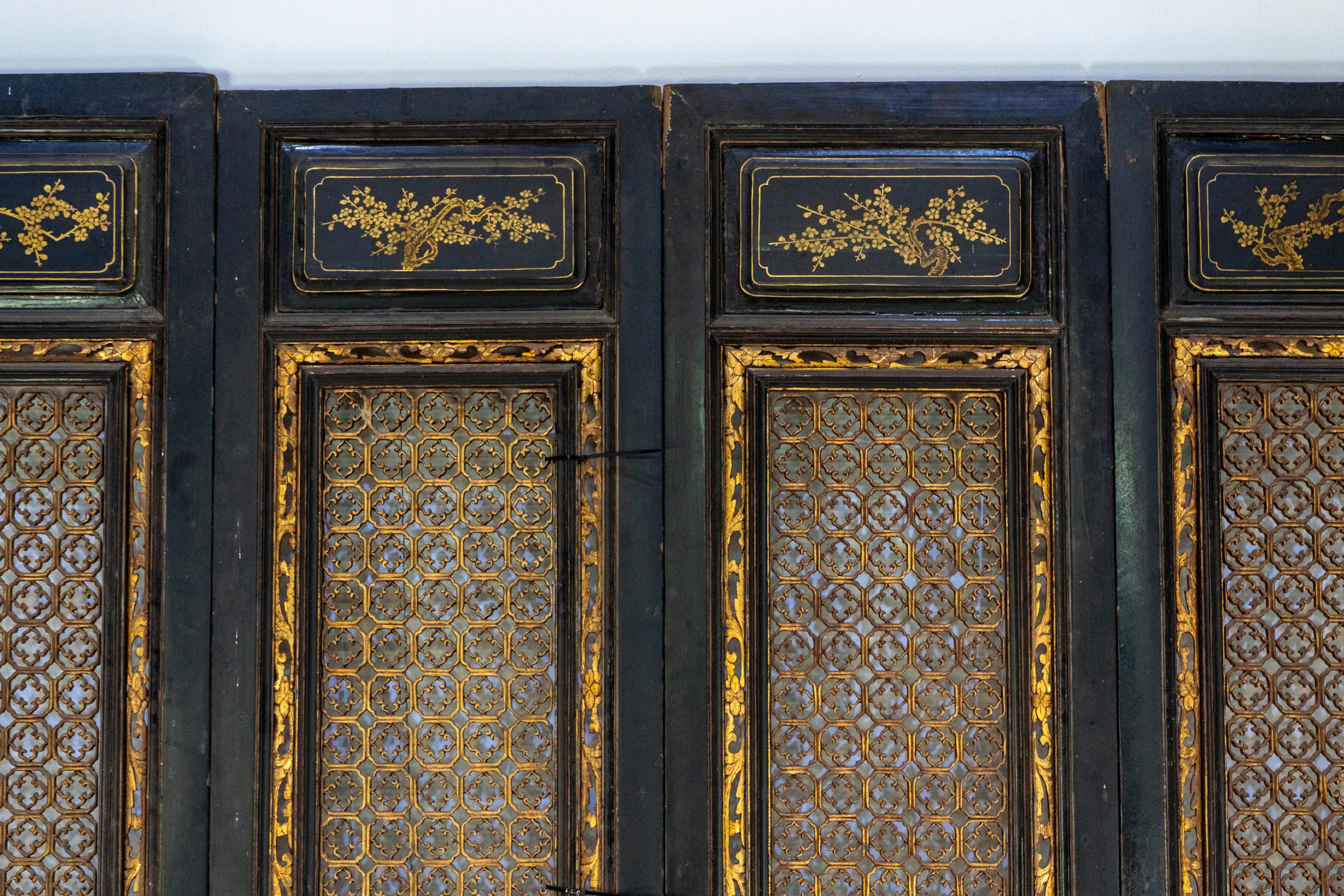 20th Century A Set of 4 Chinese Screens with Gold Painting on Elm