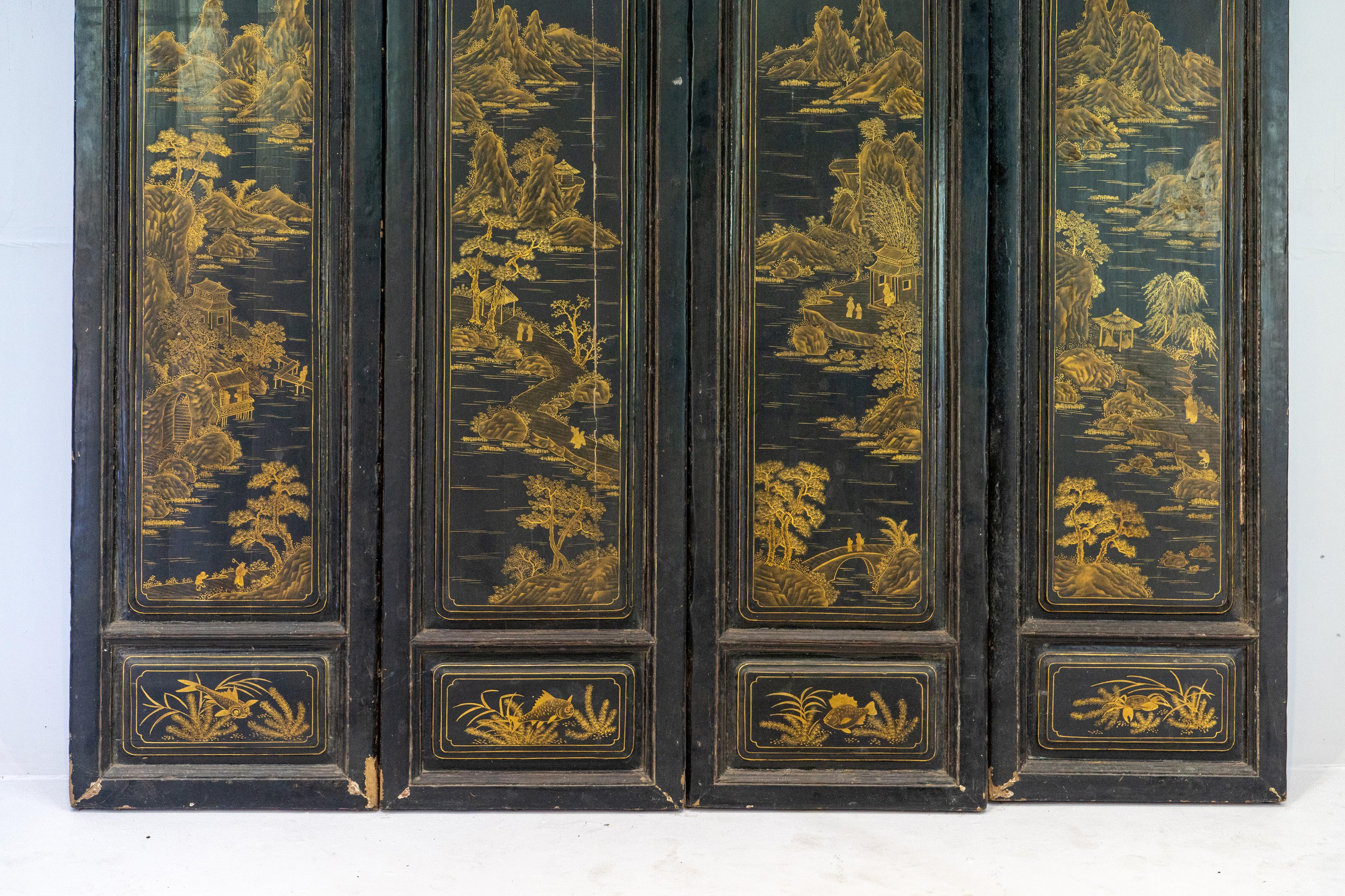 A Set of 4 Chinese Screens with Gold Painting on Elm 2