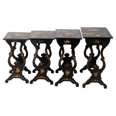 Antique Set of 4 Chinoiserie Black Lacqured Japanned Nest of Tables, 19th Century