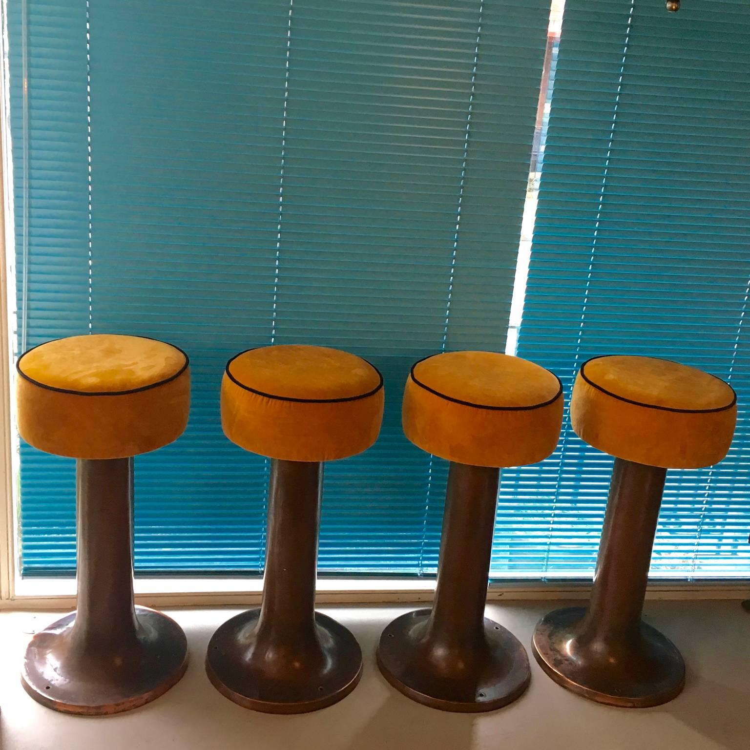 Streamlined Moderne Set of Four Early 20th Century Copper Bar Stools from an Italian Ocean Liner