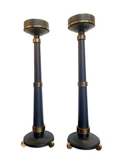 Set of 4 Ebonized Oak Art Deco Candle Pedestals with Brass Feel and Detail