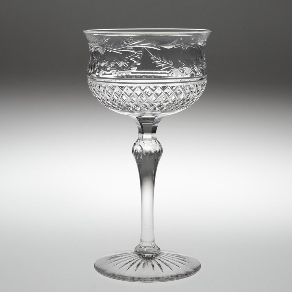A Set of 4 Engraved Lead Crystal Champagne Coupes, circa 1910

Additional information:
Period : Edwardian circa 1910
Origin : Almost certainly Stevens & Williams, Stourbridge
Colour : Clear
Bowl : Coupe. Engraved and polished swags and
