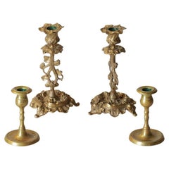 Antique A set of 4 Four brass & ore candlesticks, Golden Floral Bronze Candle Holders