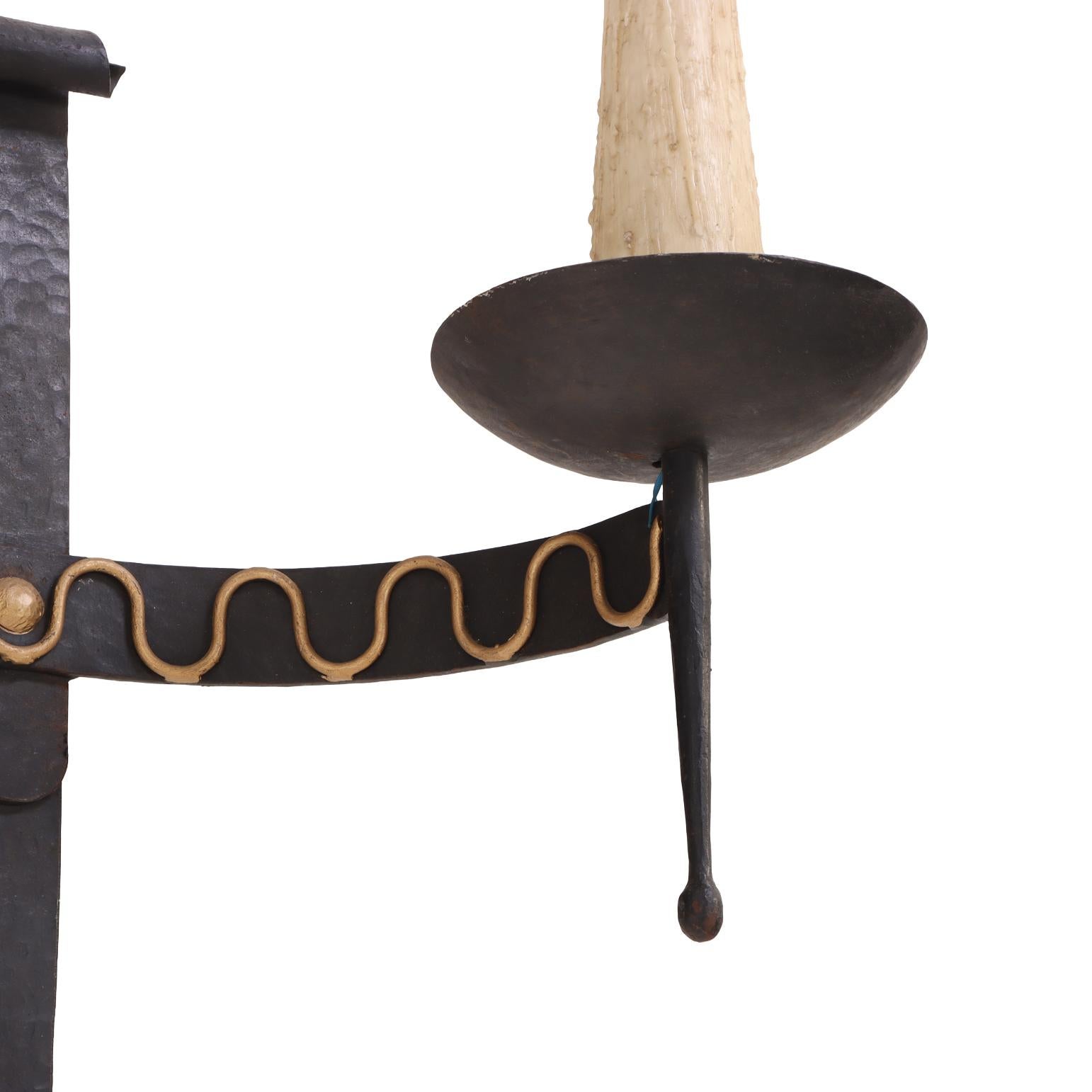 A set of 4 French large Gothic style iron wall sconces, C. 1950. In Good Condition For Sale In Philadelphia, PA