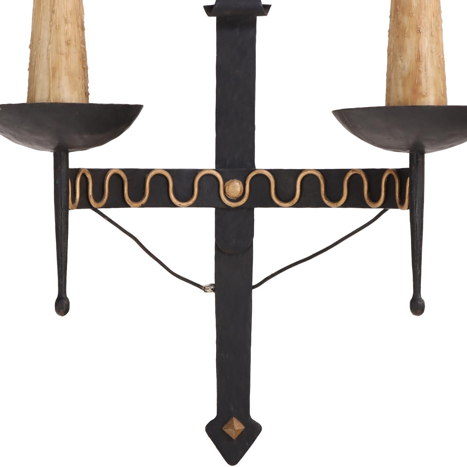 20th Century A set of 4 French large Gothic style iron wall sconces, C. 1950. For Sale