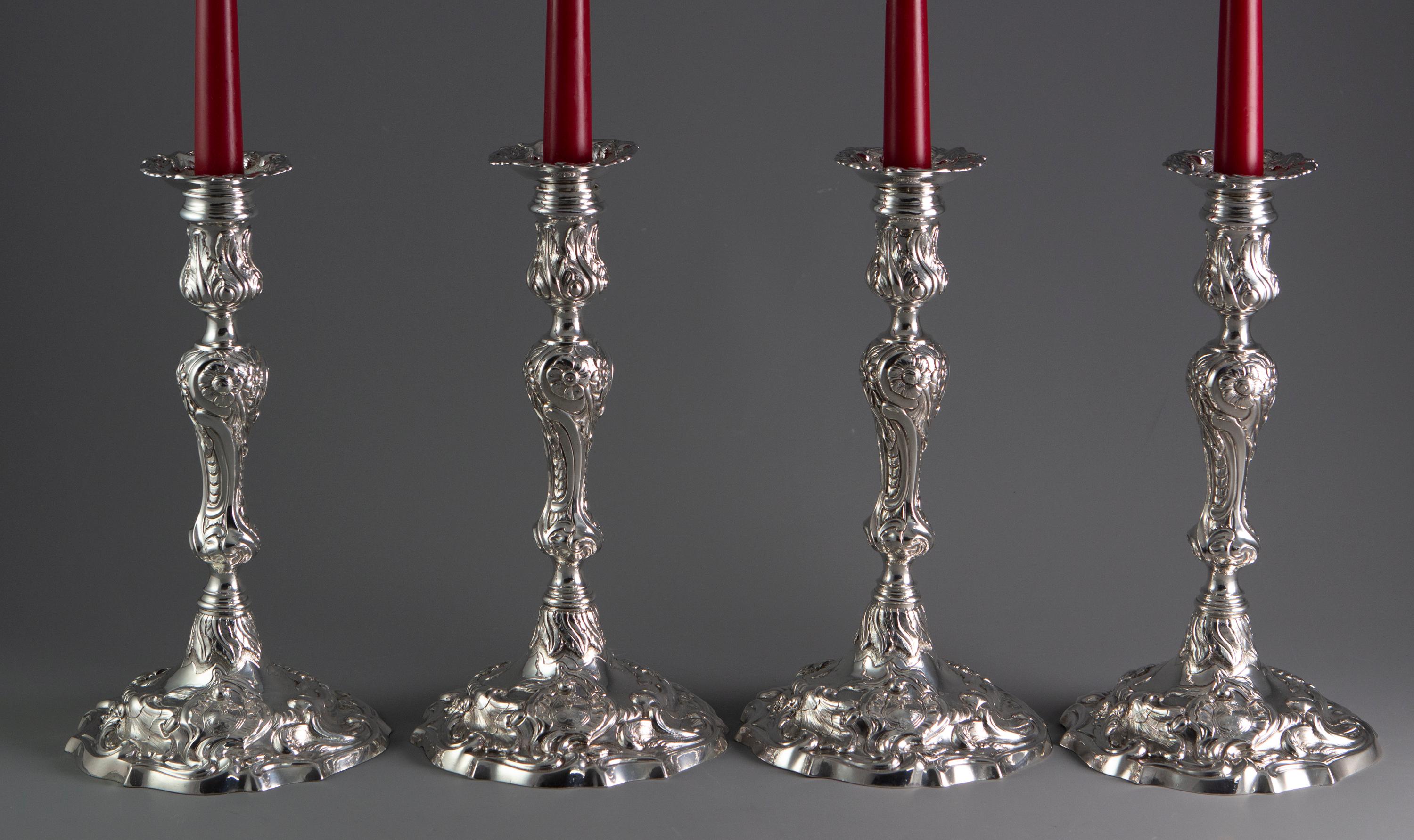 British A Set of 4 George II Cast Silver Candlesticks, London 1753 by John Cafe