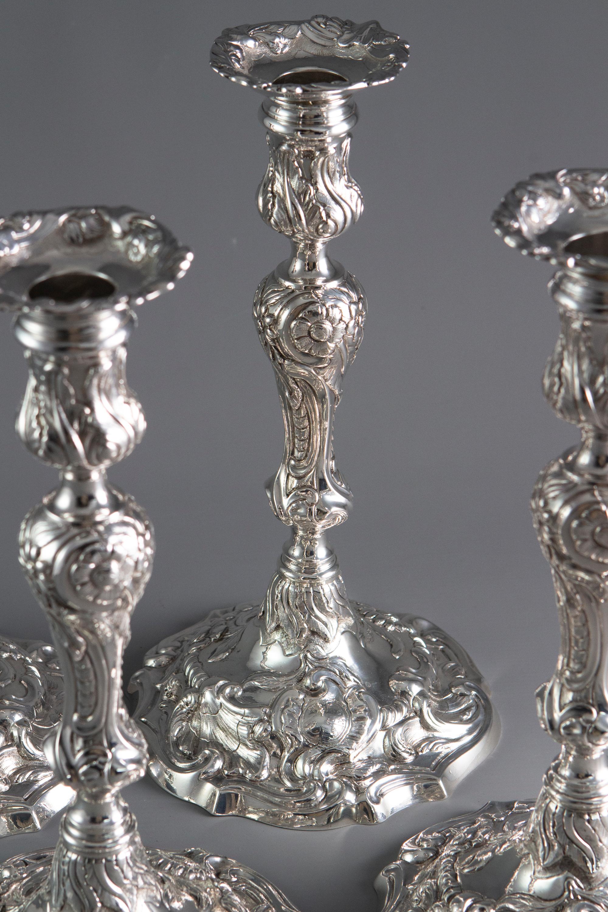 Mid-18th Century A Set of 4 George II Cast Silver Candlesticks, London 1753 by John Cafe