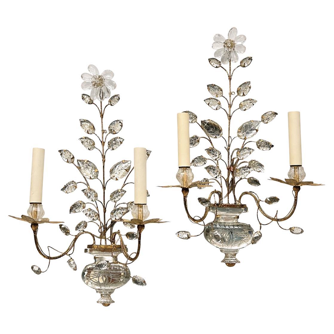 Set of 4 Gilt Metal Sconces with Molded Glass Leaves. Sold per Pair.