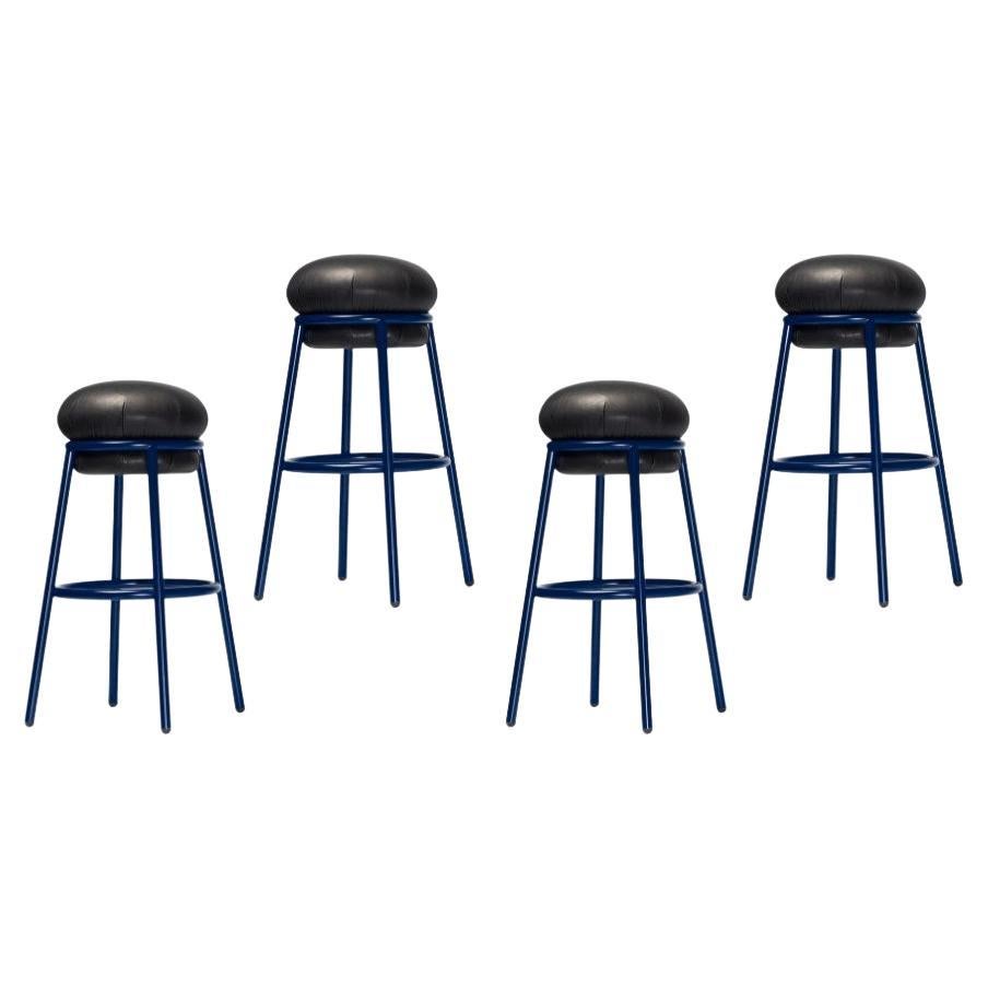 Set of 4 Black Painted Tubular Steel Bar Stools in Original Grey Leather at 1stDibs