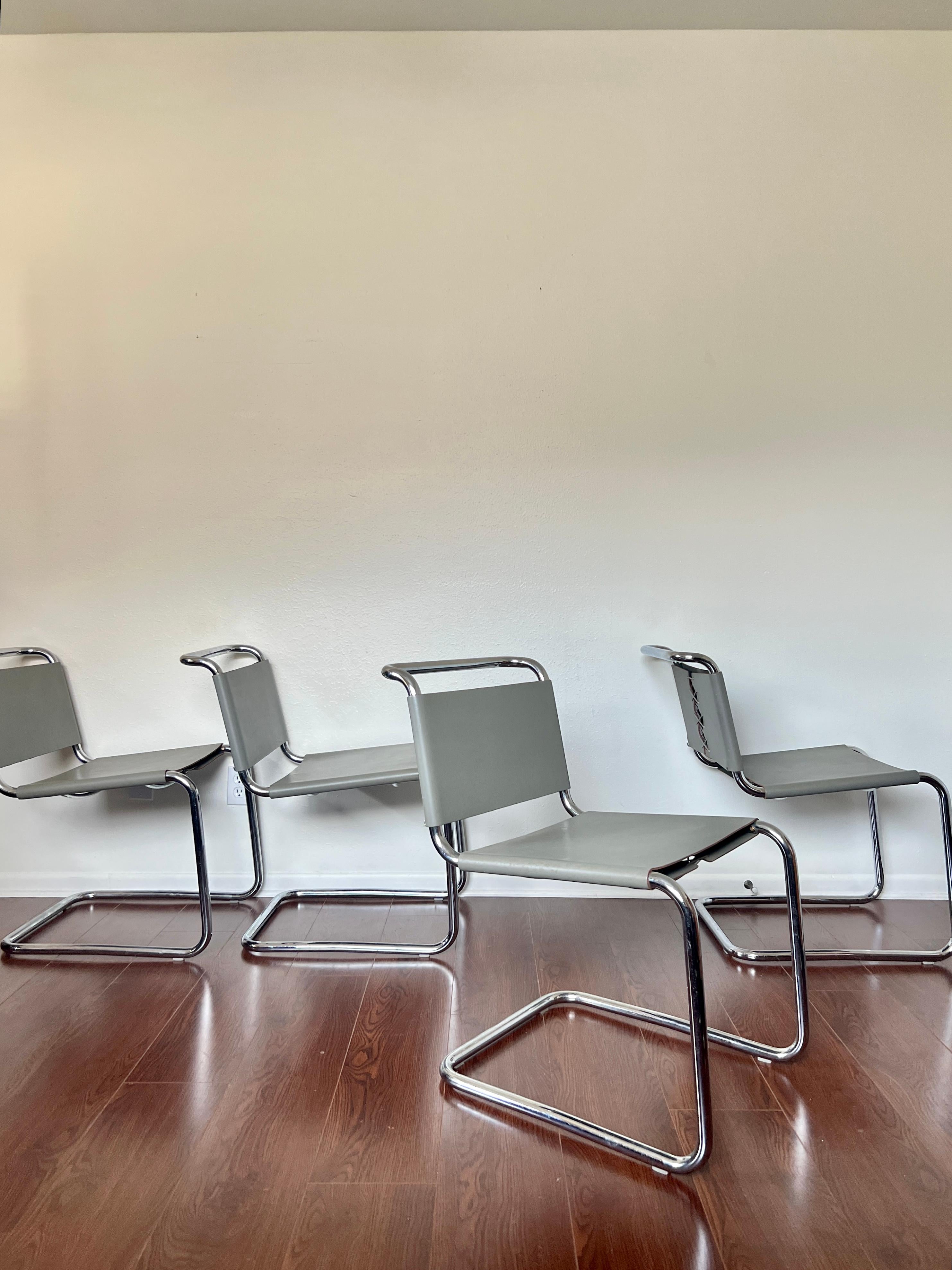 A set of 4 Spoleto B33 chairs by Marcel Breuer for Knoll. Seamless, tubular steel frame, cowhide leather, and Knoll label still attached with “made in Italy.” In excellent condition.?
“Ufficio Tecnico's 1971 Spoleto chair provides a cantilevered,