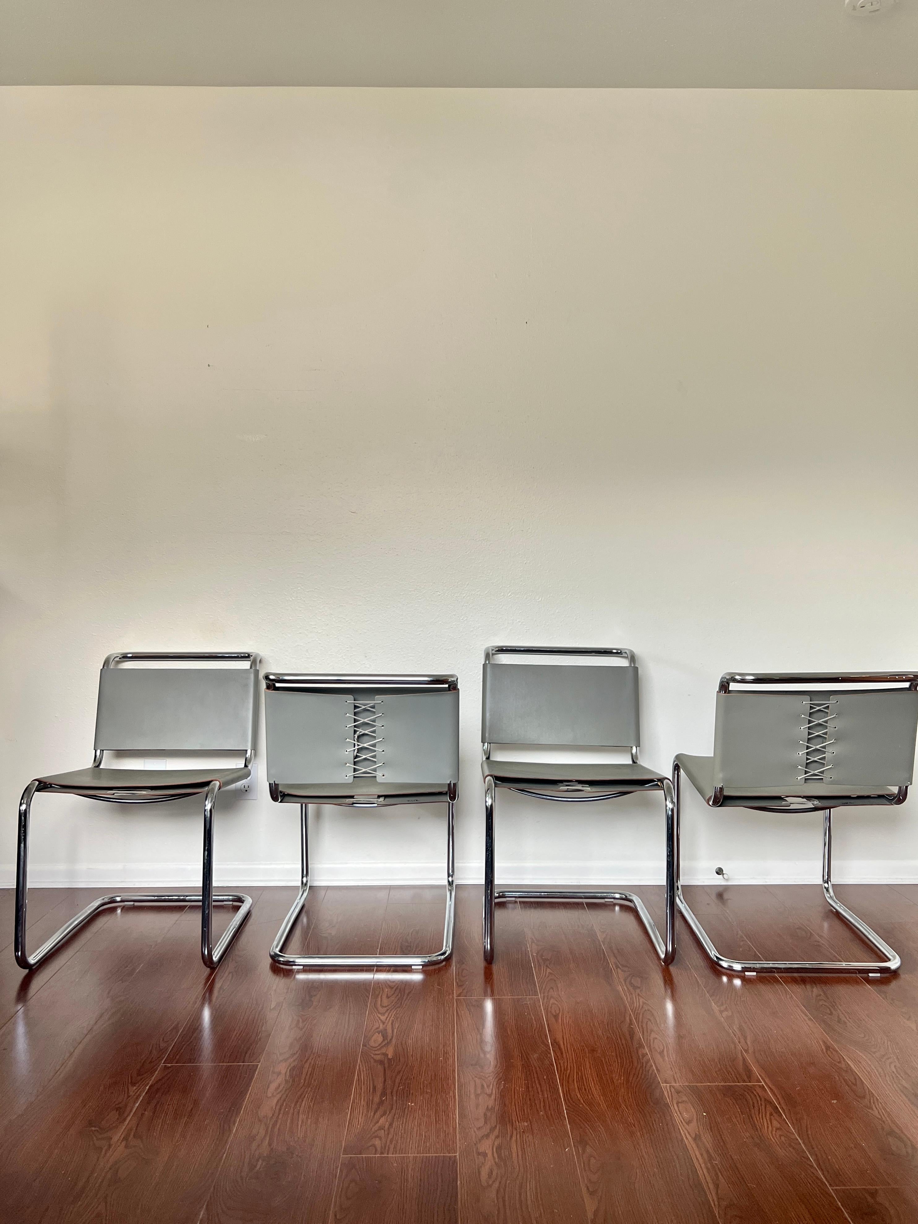 Steel Set of 4 Gray Leather Spoleto B33 Chairs by Marcel Breuer for Knoll For Sale
