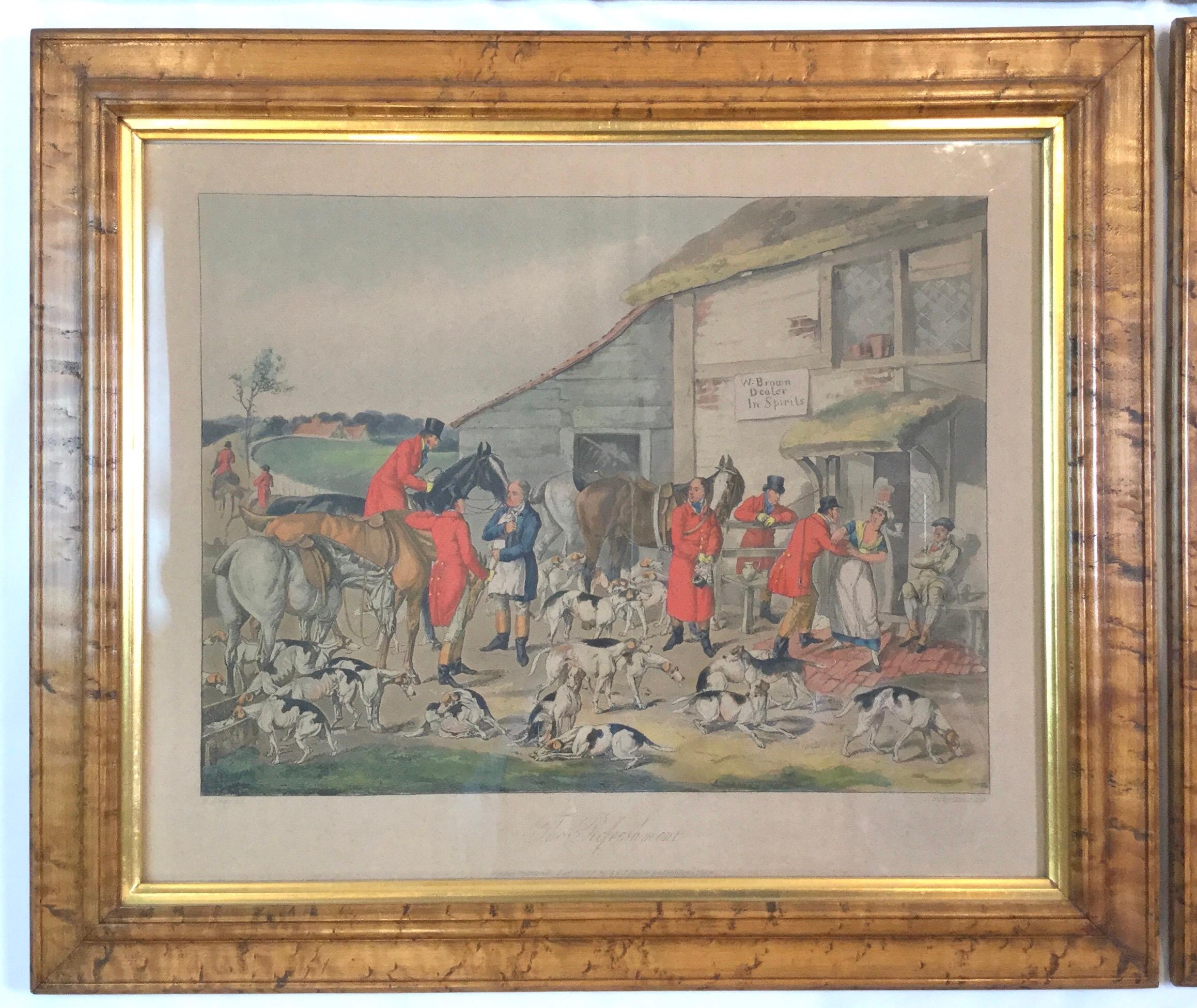 English Set of 4 Hand Colored Copper Engraved Fox Hunting Prints in Early Frames For Sale