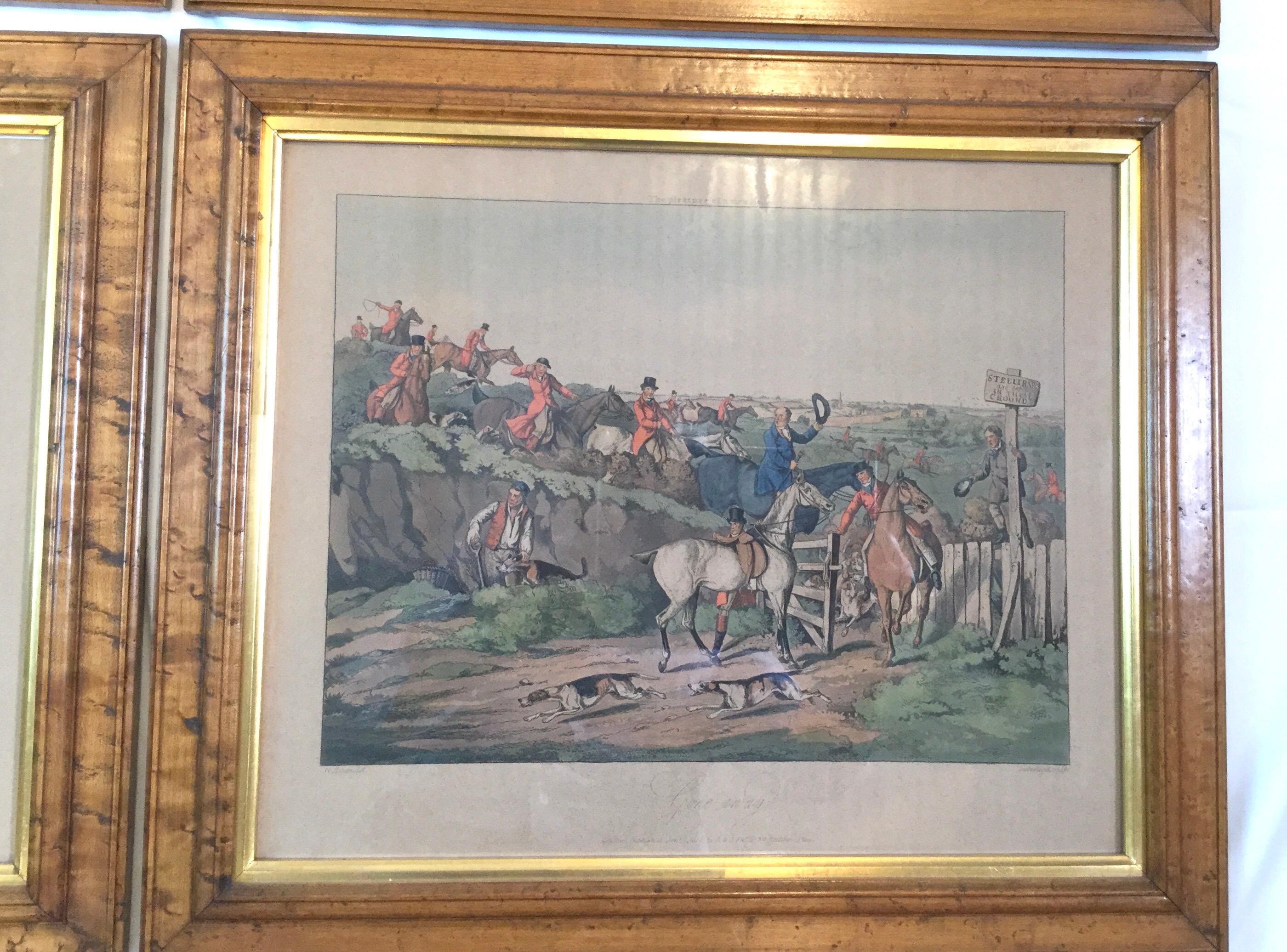 Set of 4 Hand Colored Copper Engraved Fox Hunting Prints in Early Frames In Good Condition For Sale In Lambertville, NJ