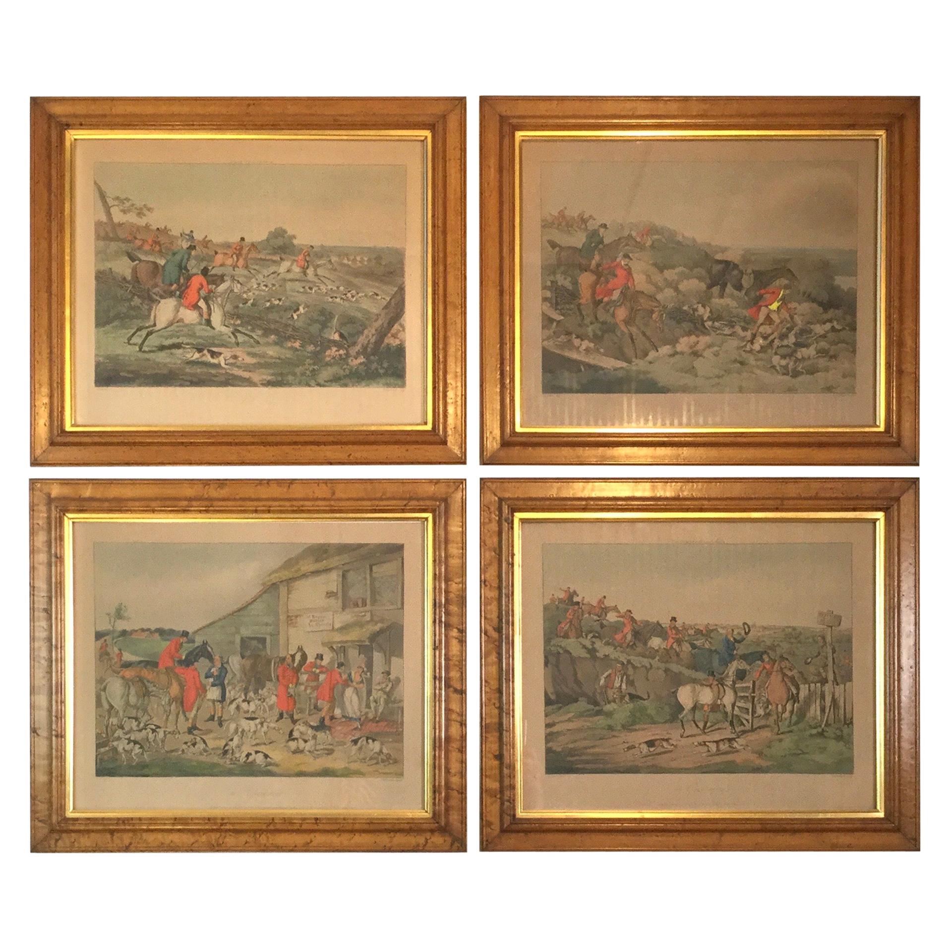 Set of 4 Hand Colored Copper Engraved Fox Hunting Prints in Early Frames For Sale