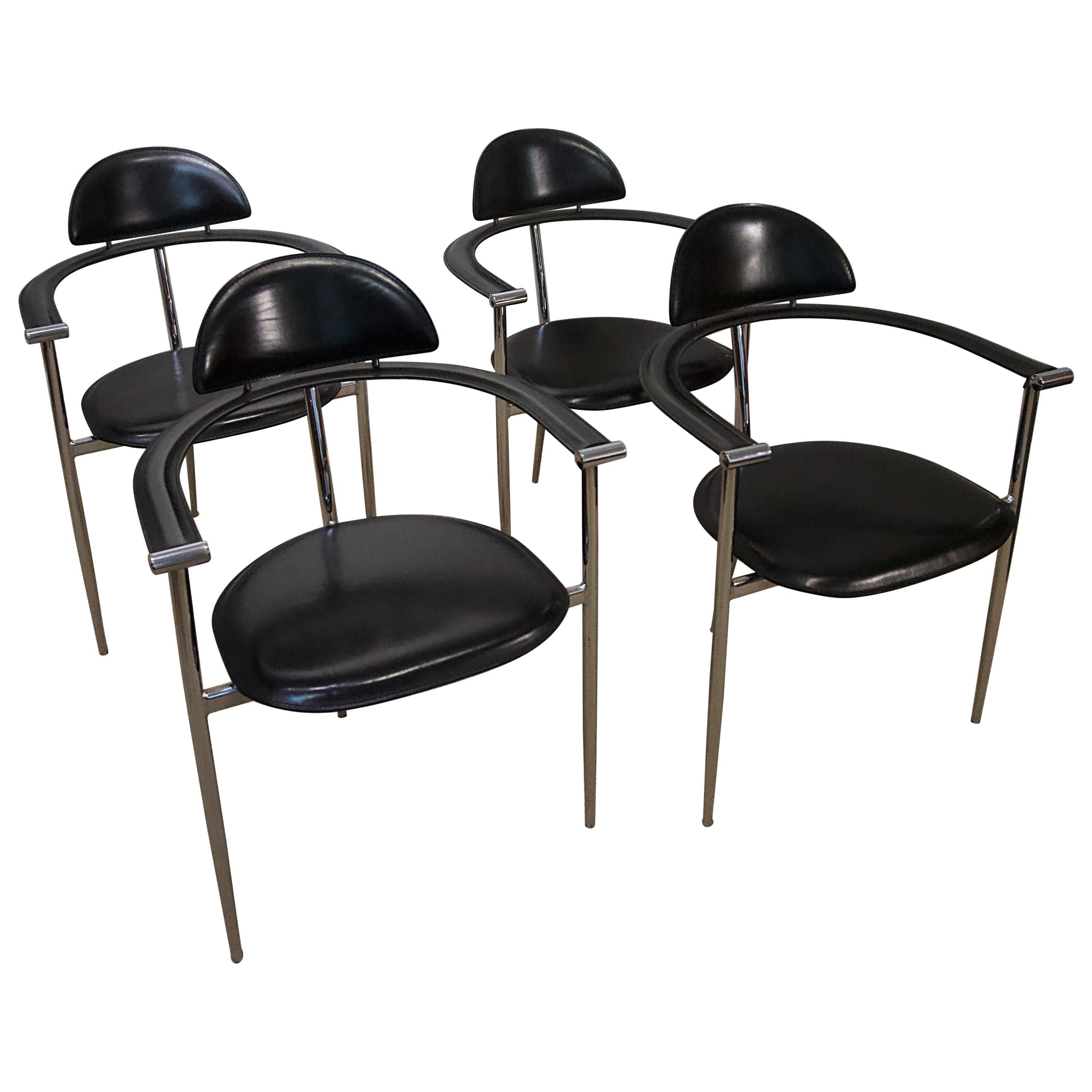 Set of 4 Italian Black Leather Stiletto Chairs by Arrben