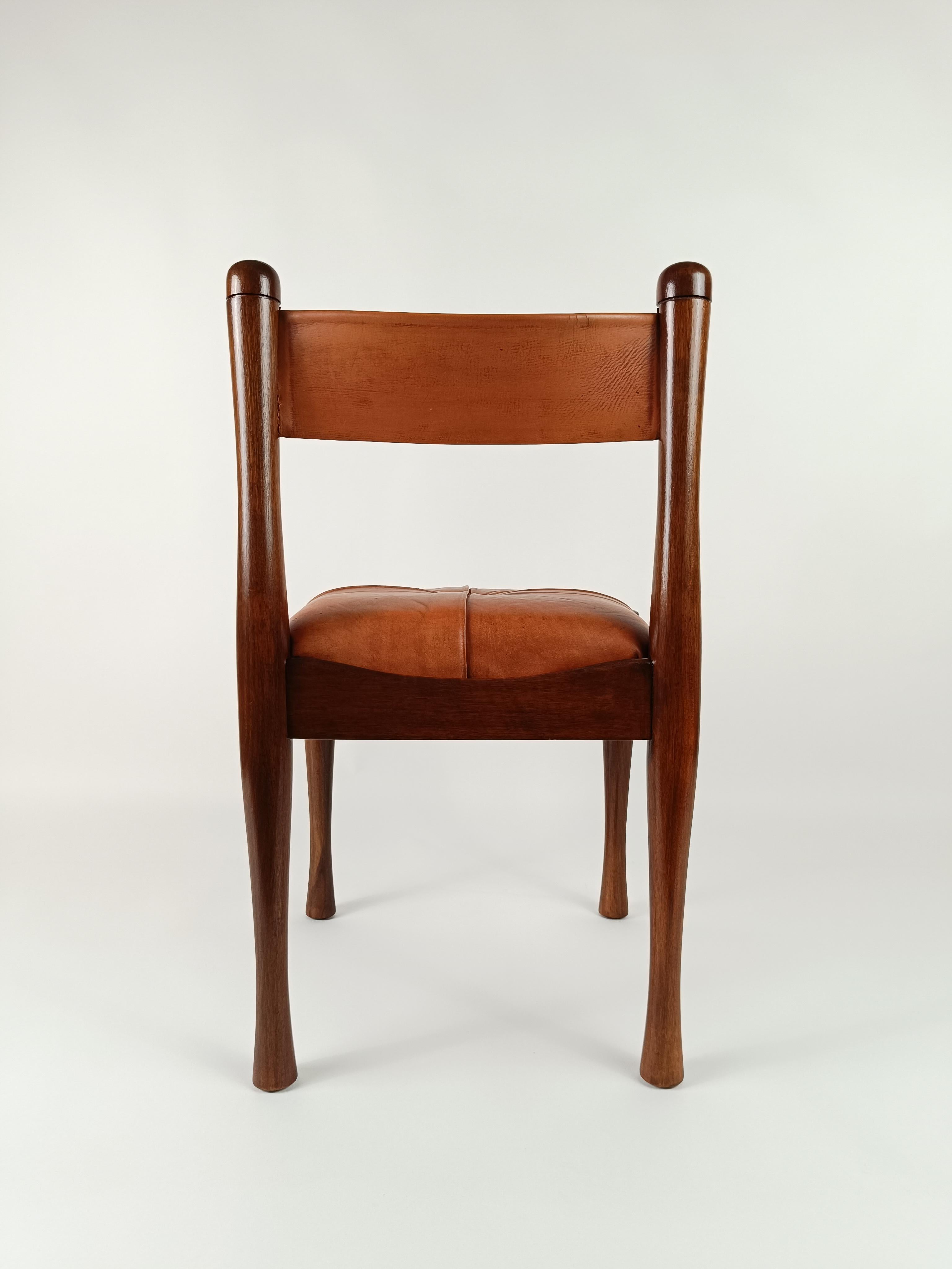 A set of 4 Italian Chairs in Wood and Cognac Leather by S. Coppola for Bernini  For Sale 9