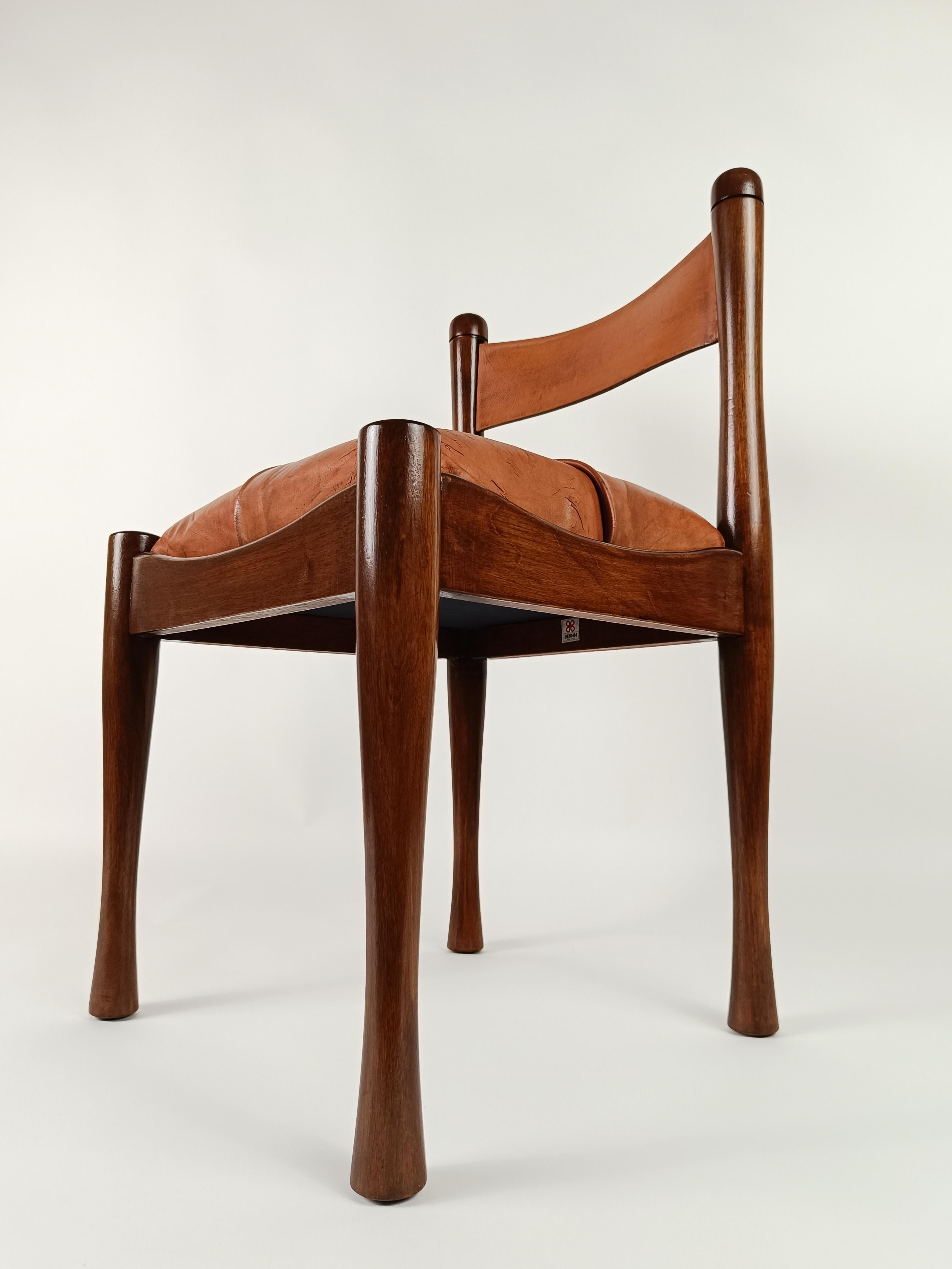 A set of 4 Italian Chairs in Wood and Cognac Leather by S. Coppola for Bernini  For Sale 13
