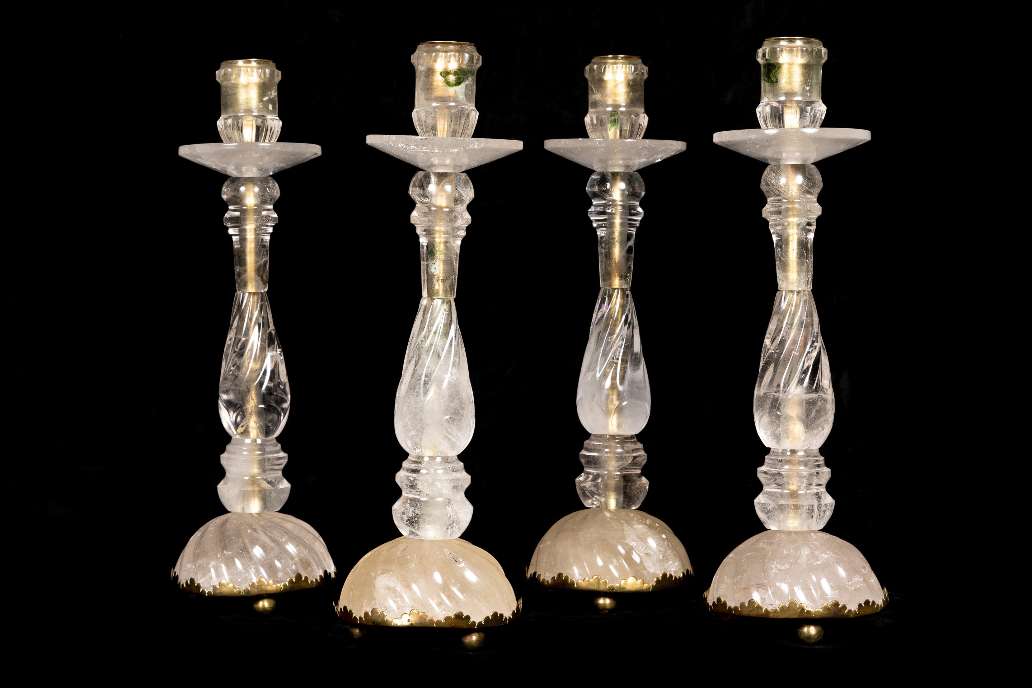 Unknown Four Large Louis XVI Style Rock Crystal Quartz and Bronze Candlesticks For Sale