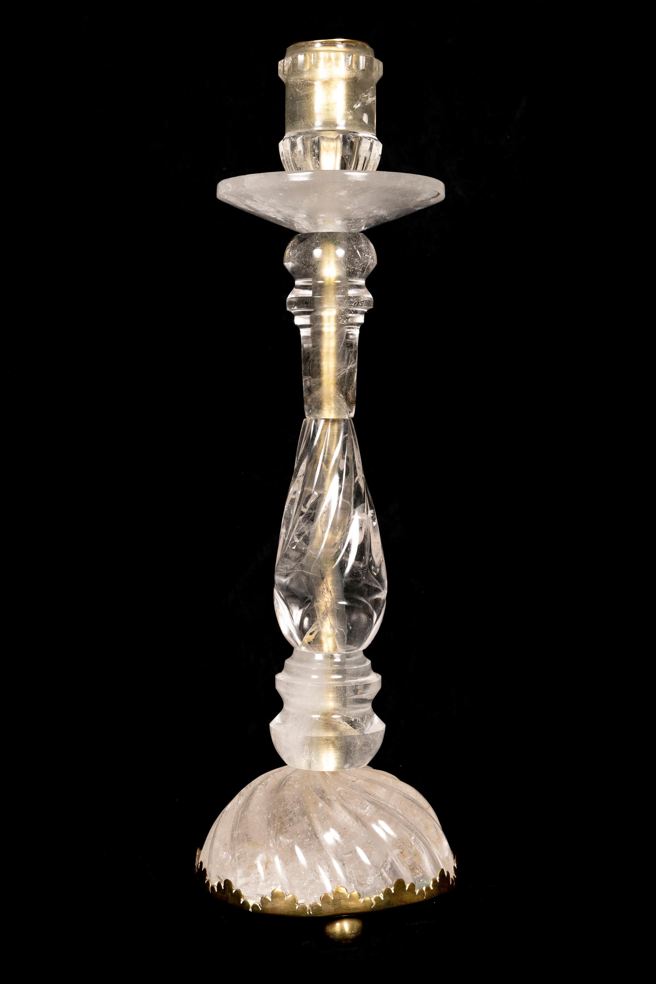 Hand-Carved Four Large Louis XVI Style Rock Crystal Quartz and Bronze Candlesticks For Sale